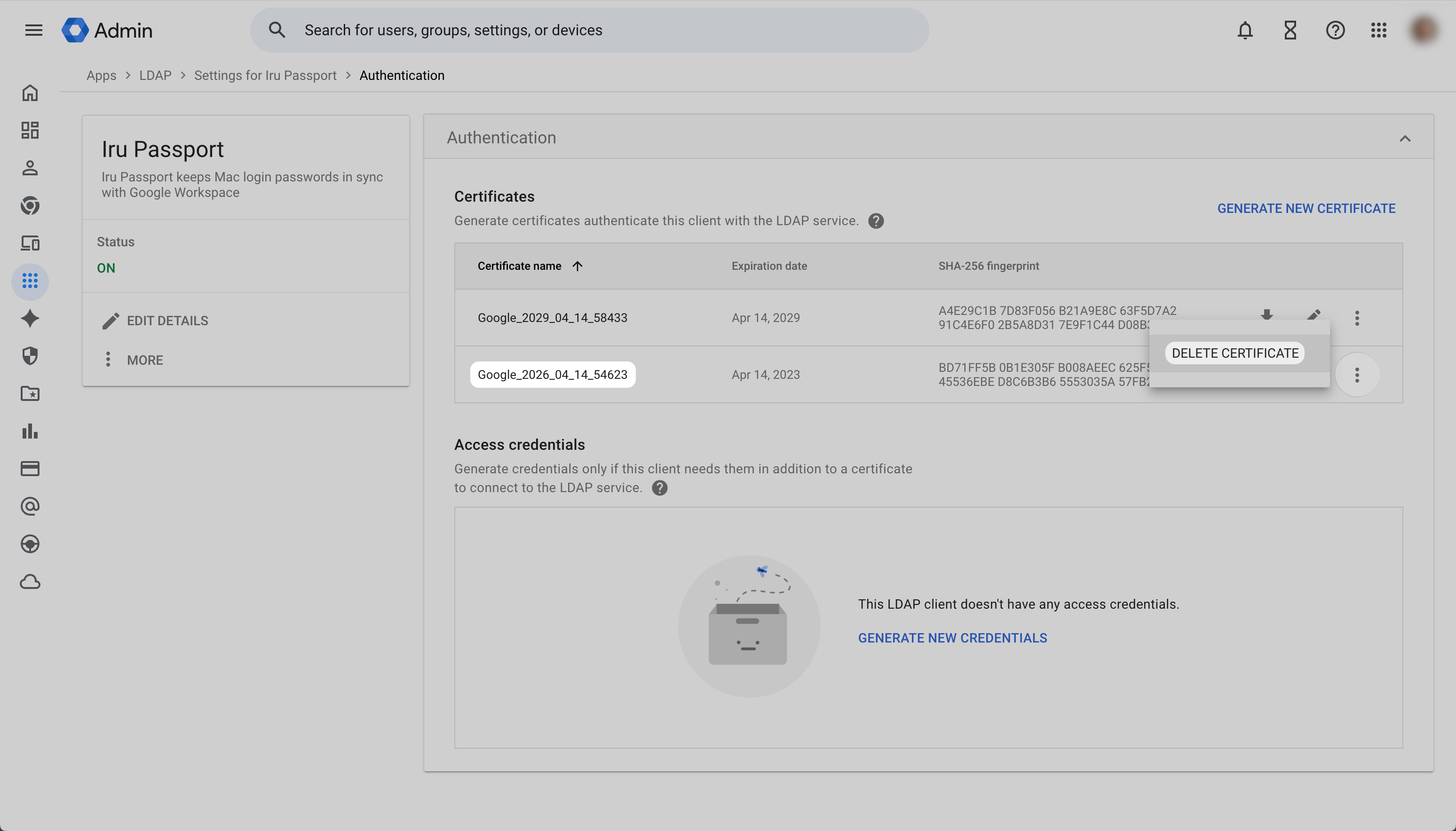 Google Workspace Authentication Certificates row menu open with DELETE CERTIFICATE