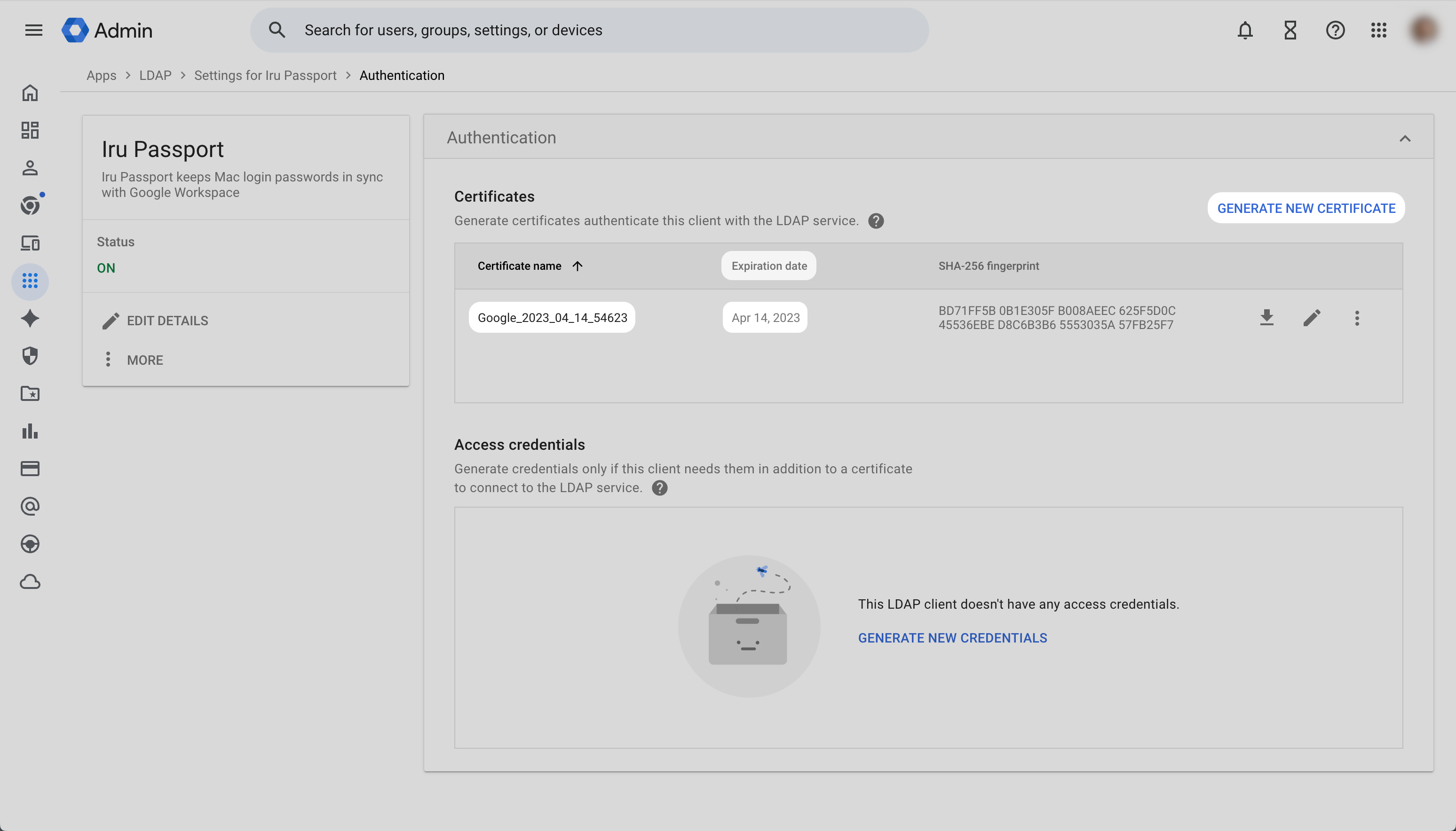 Google Workspace Authentication Certificates with GENERATE NEW CERTIFICATE