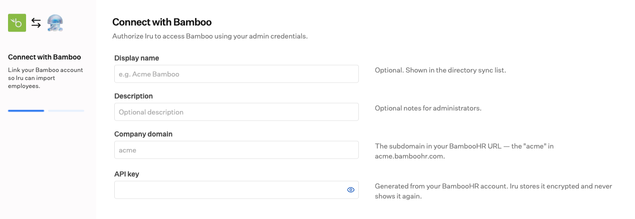 The Connect with Bamboo step with Display name, Description, Company domain, and API key fields.