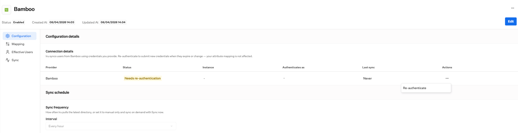 The Configuration tab of a Bamboo connection showing Status Enabled, connection details with Needs re-authentication, and a Re-authenticate action in the row menu.