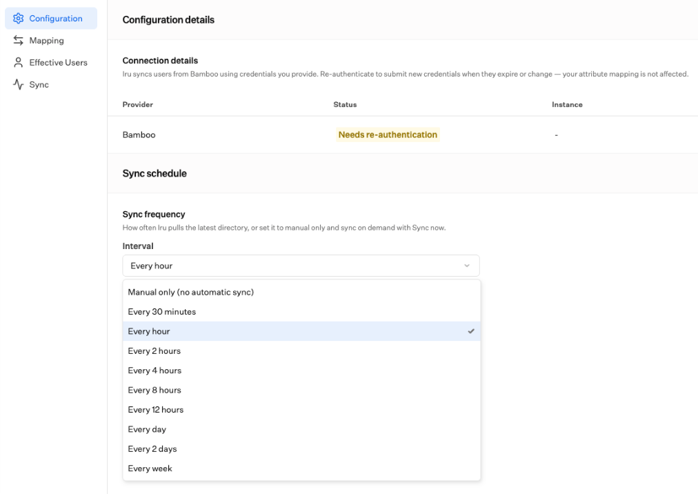 The Sync schedule section with the Interval menu open, listing Manual only and options from Every 30 minutes through Every week.