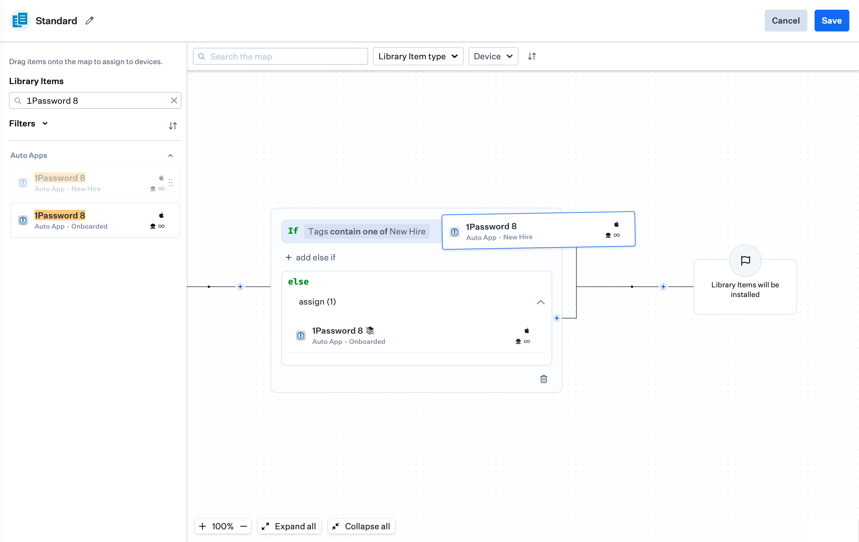 Dragging a Library Item from the Library Item Bank onto a branch in the Blueprint Assignment Map