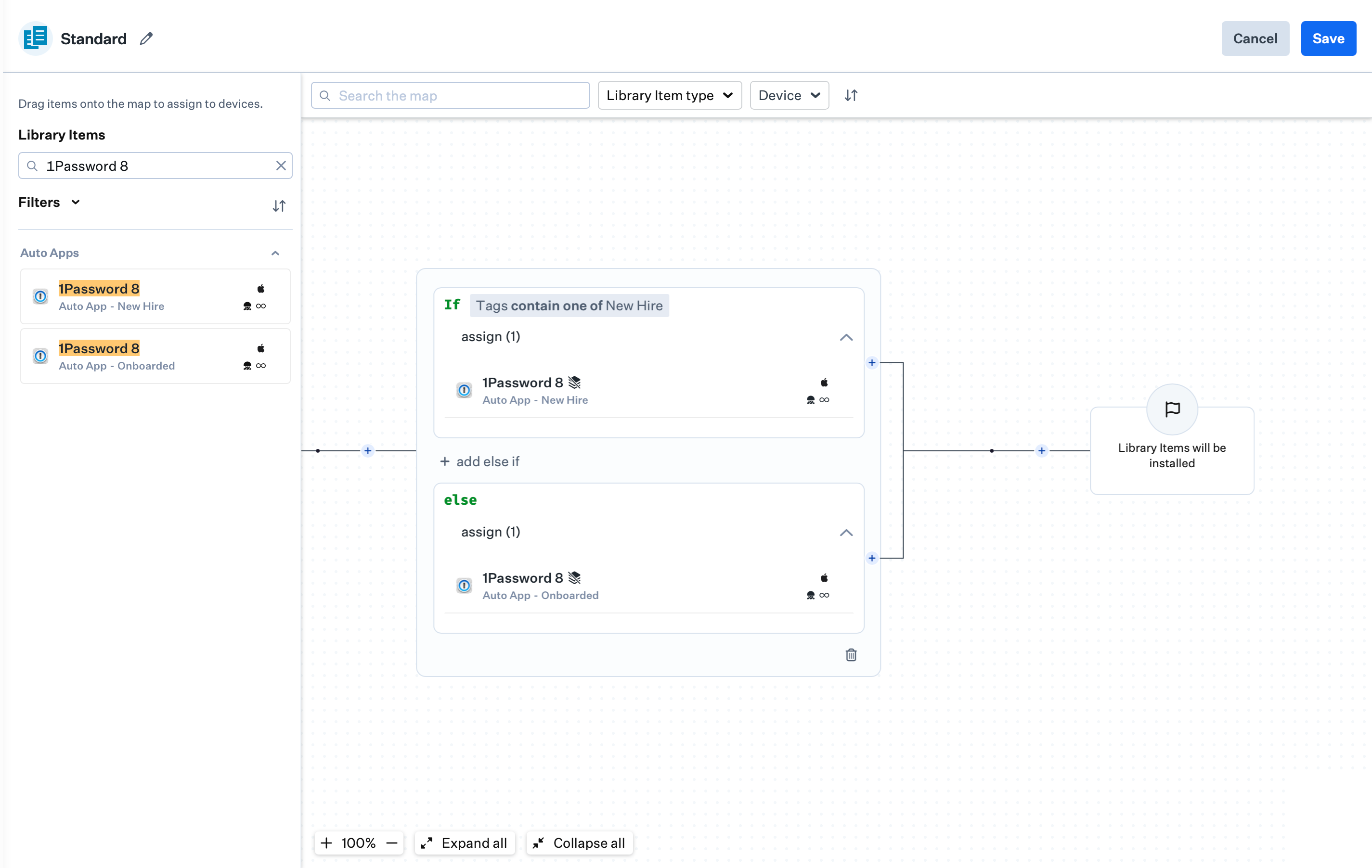 Assignment Map with conditional logic assigning a duplicated 1Password 8 Auto App using a New Hire tag