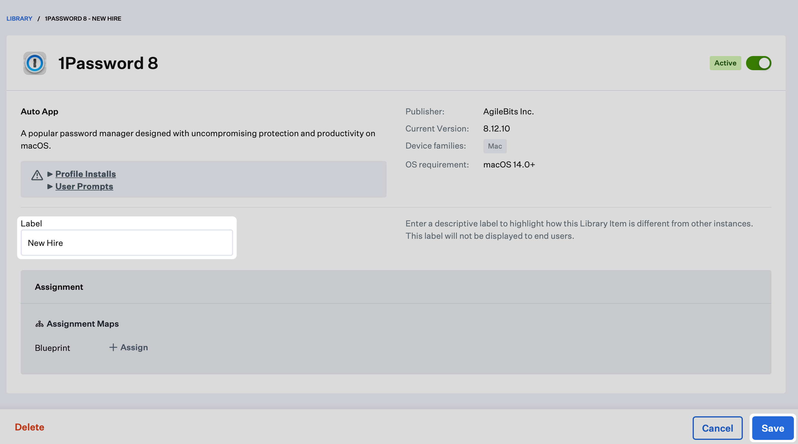 Library Item edit view showing the Label field and Save button