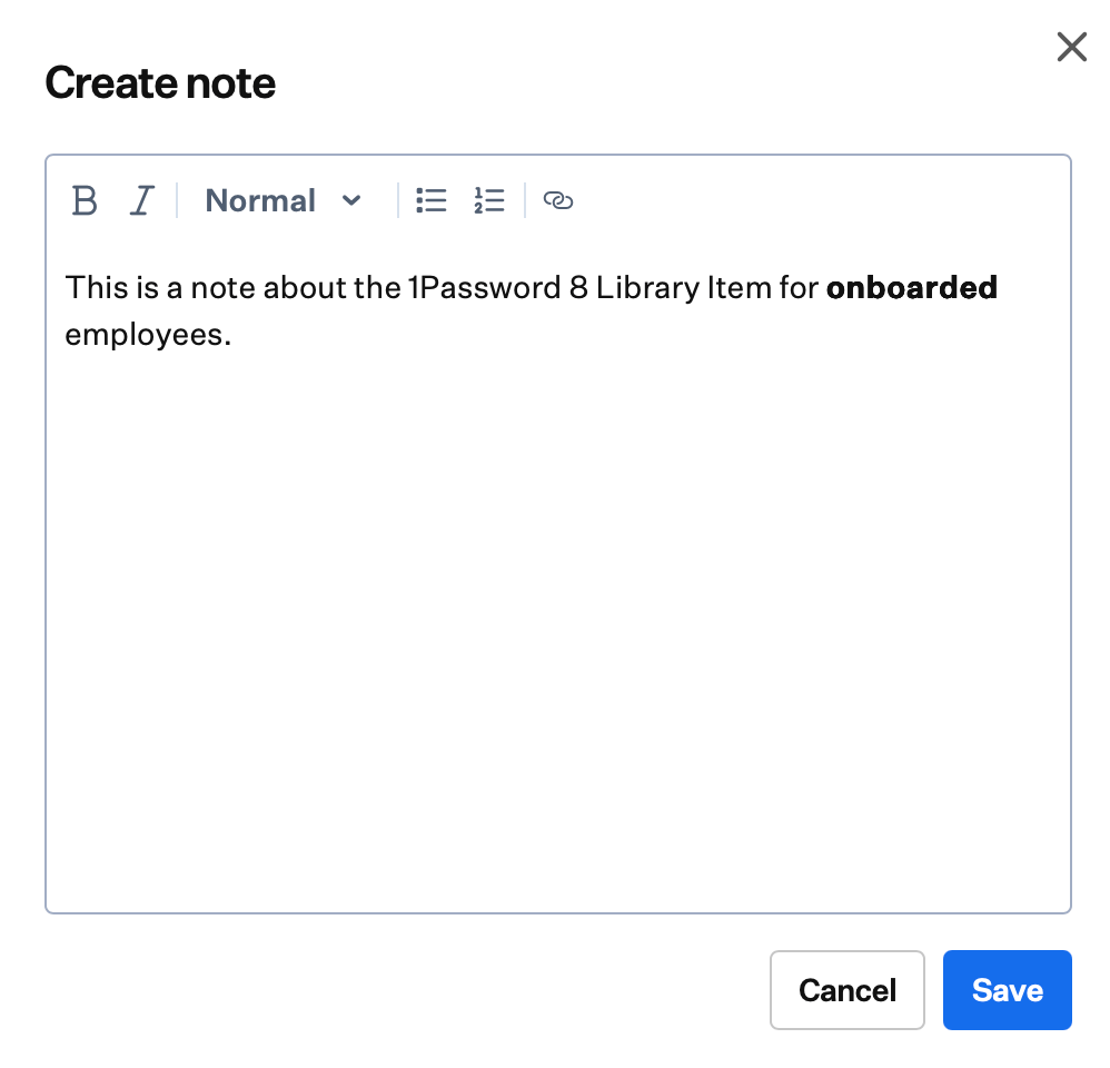 Library Item note editor with formatting toolbar