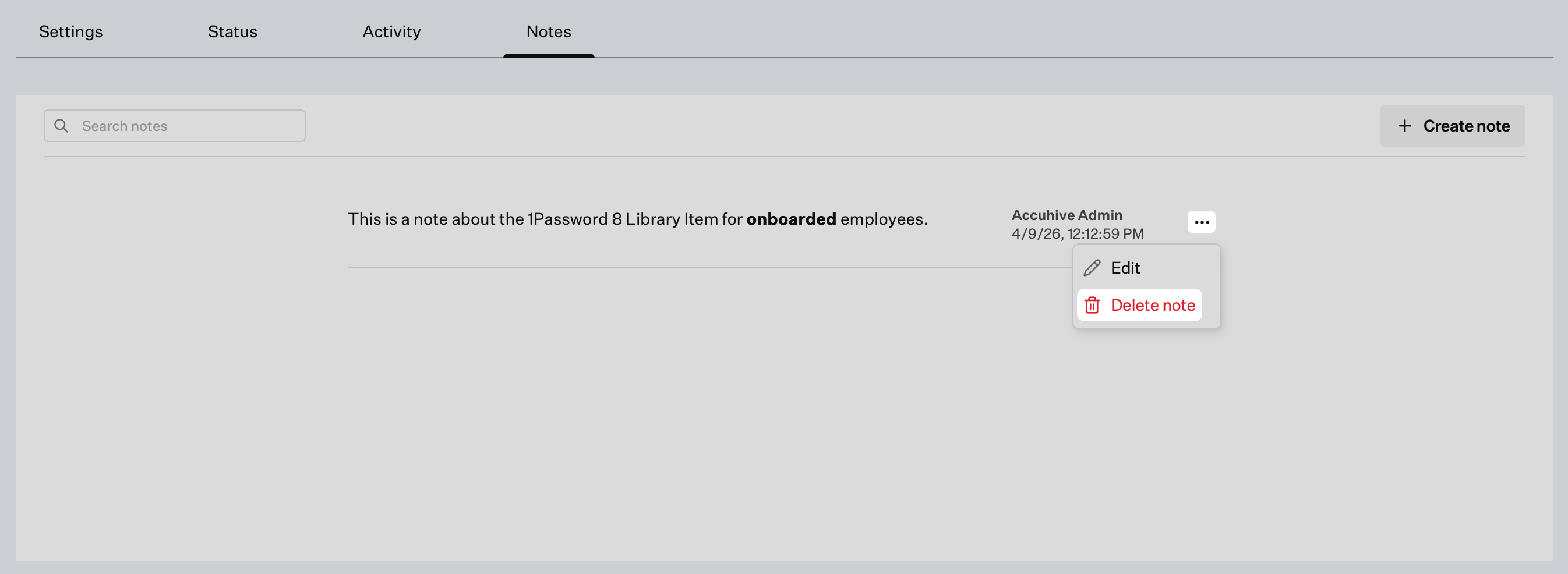 Library Item note menu with Delete note selected