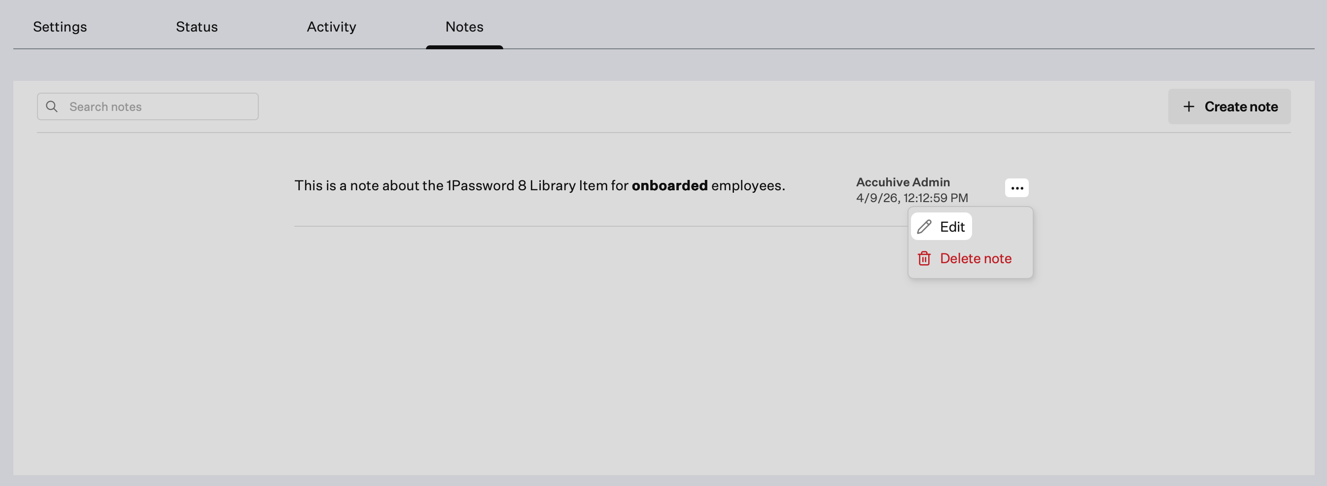 Library Item note menu with Edit selected