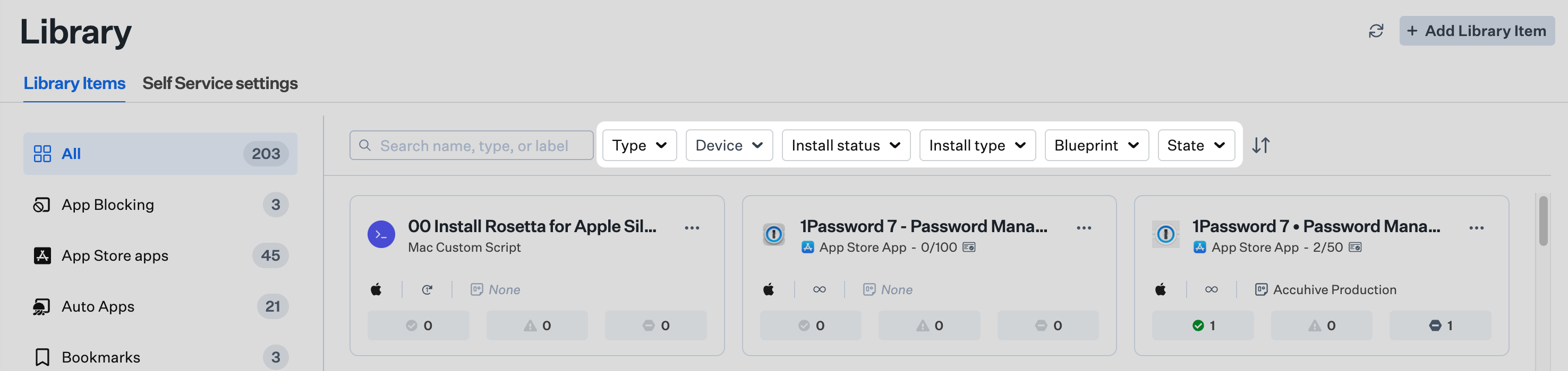 Library toolbar with filter drop-down menus