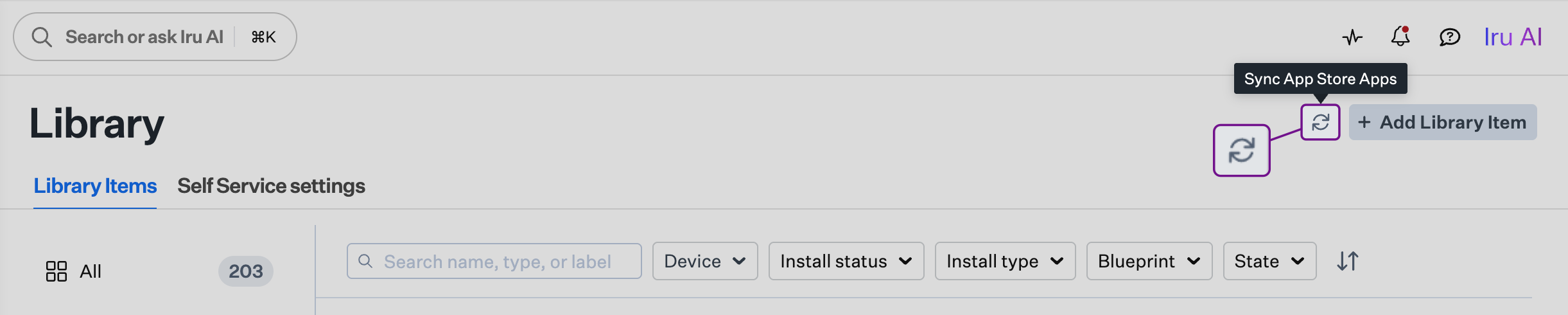 Library with Sync App Store Apps control highlighted