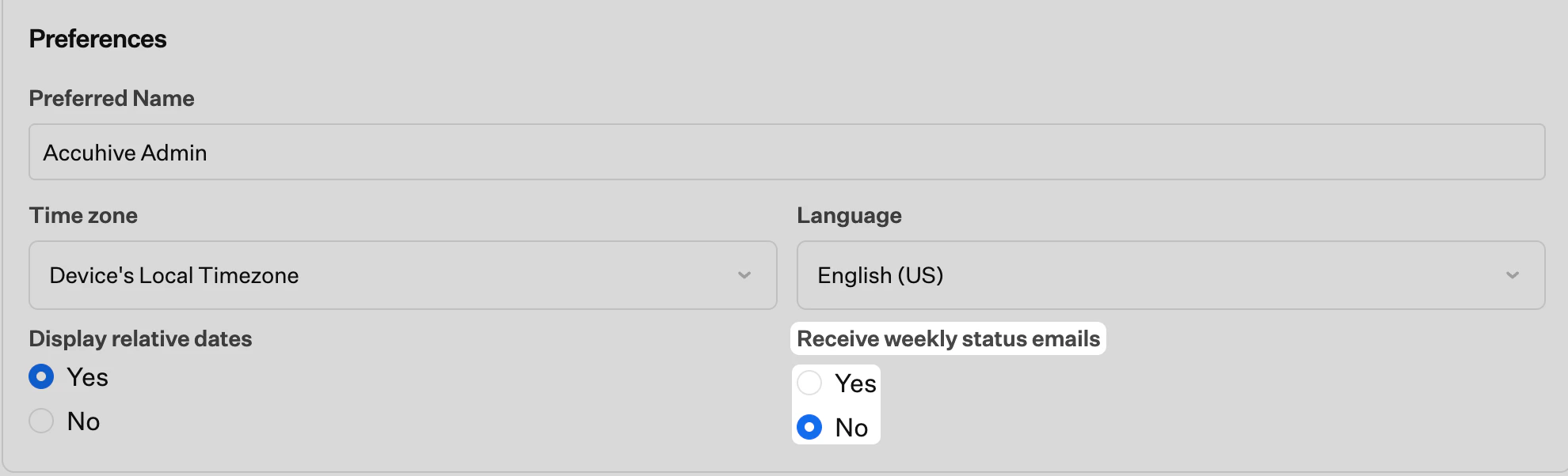 Receive weekly status emails Yes or No options in My Account preferences