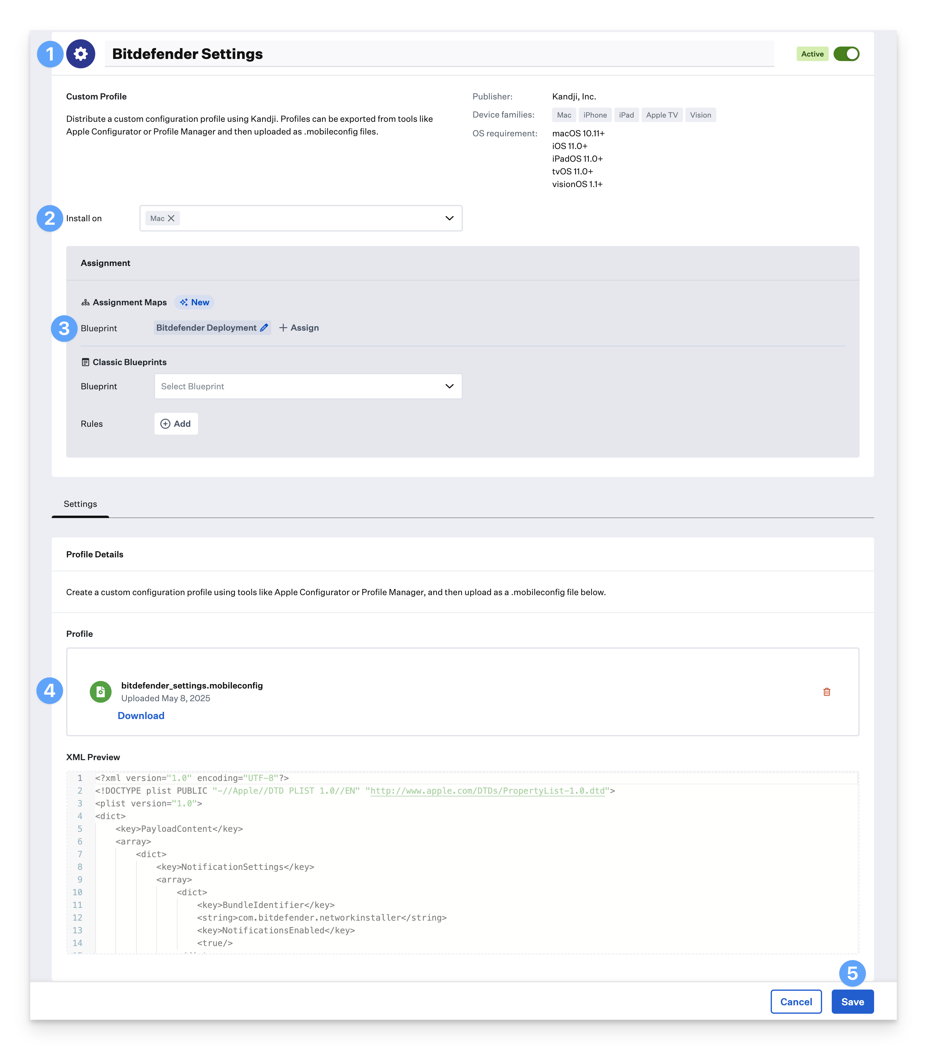 Custom Profile configuration showing Bitdefender settings profile upload