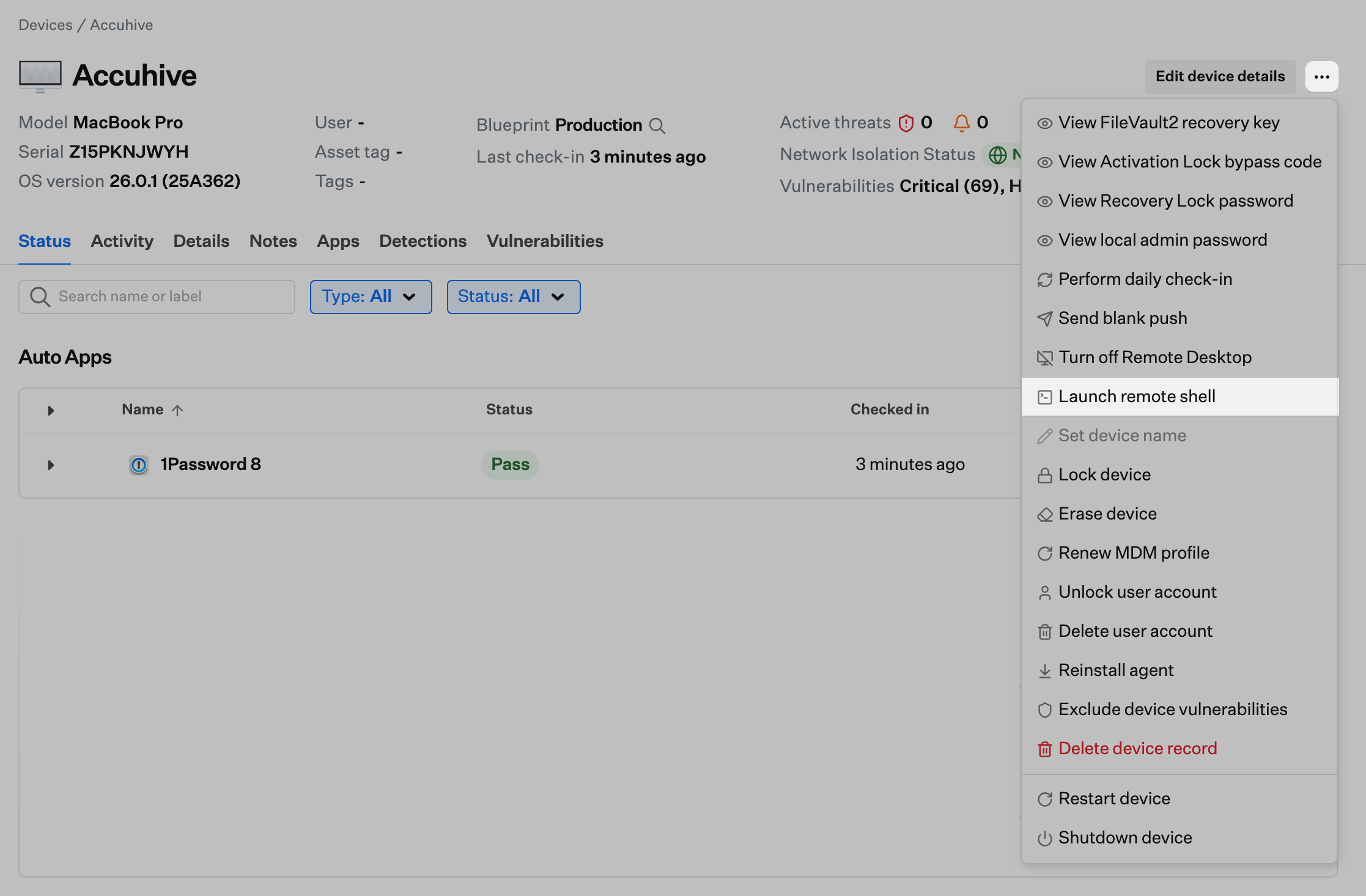 Device record Device Action Menu with Launch remote shell