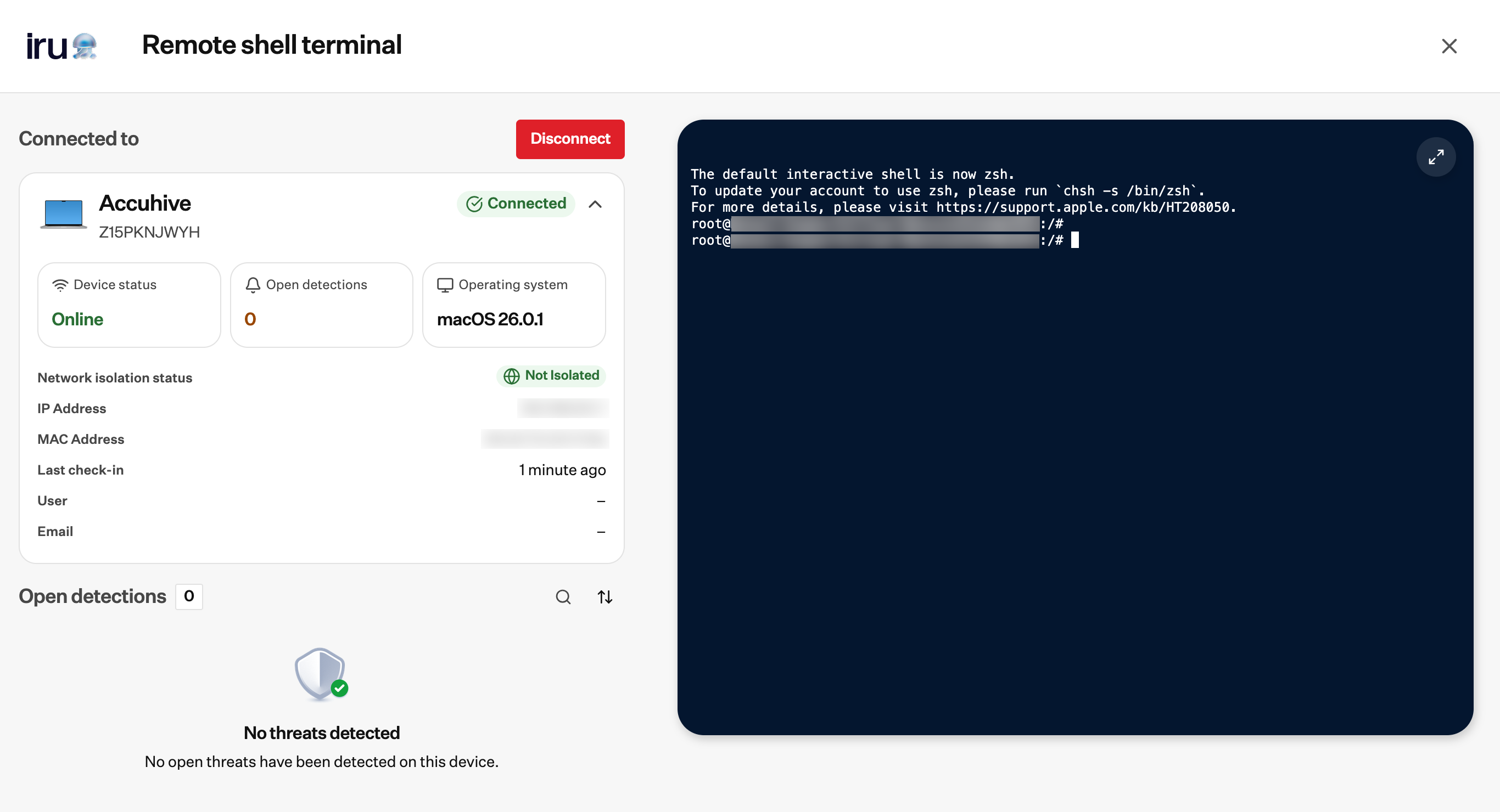 Remote shell terminal page with the Mac details on the left and the terminal on the right