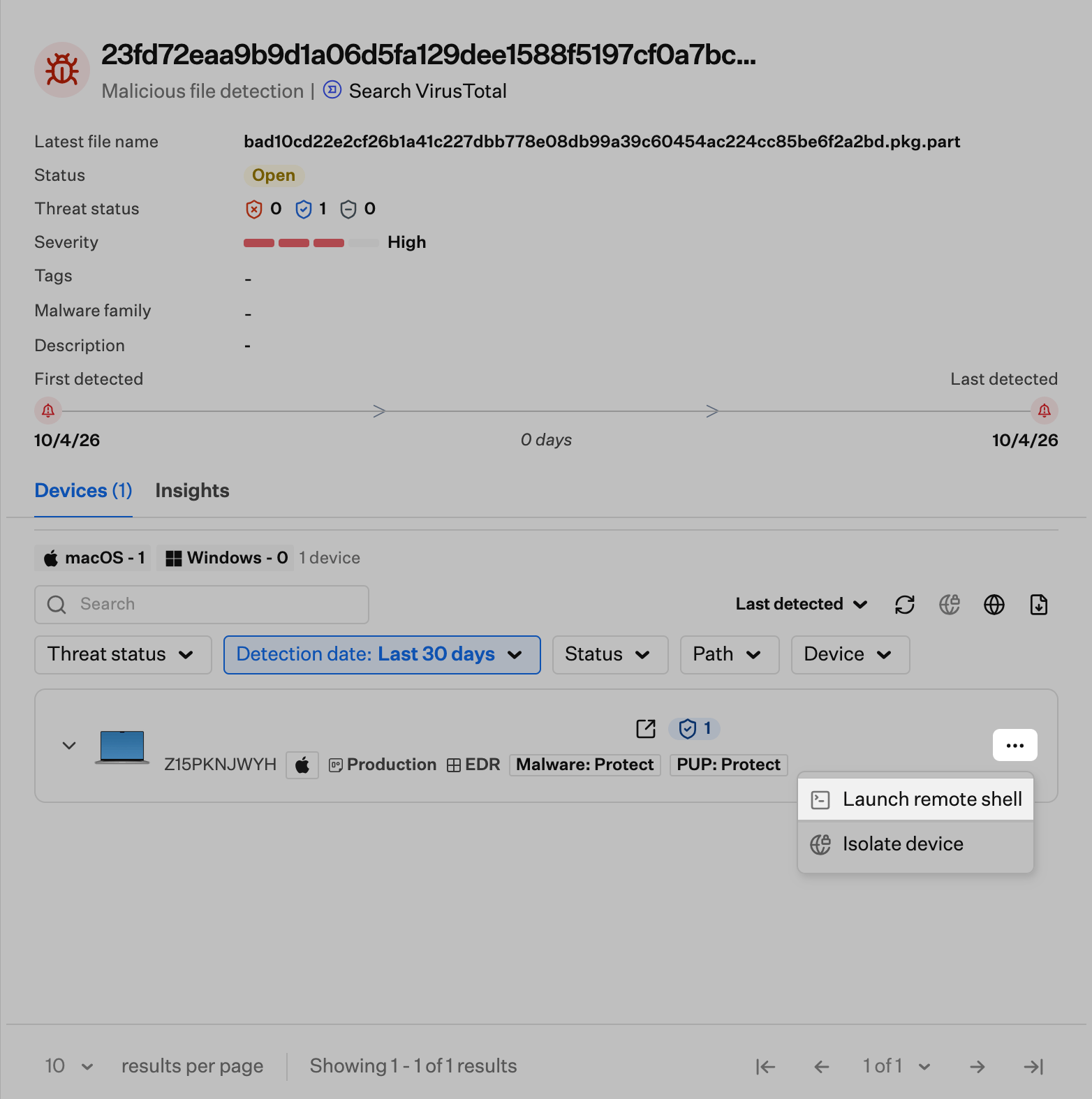 Device card ellipsis menu with Launch remote shell