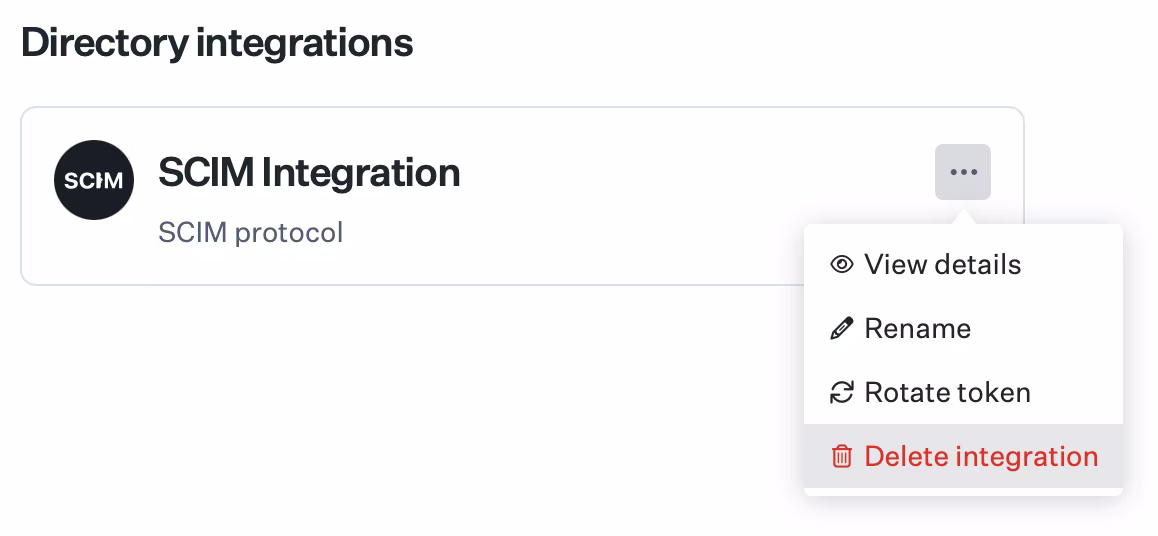 SCIM integration ellipsis menu with Delete integration option