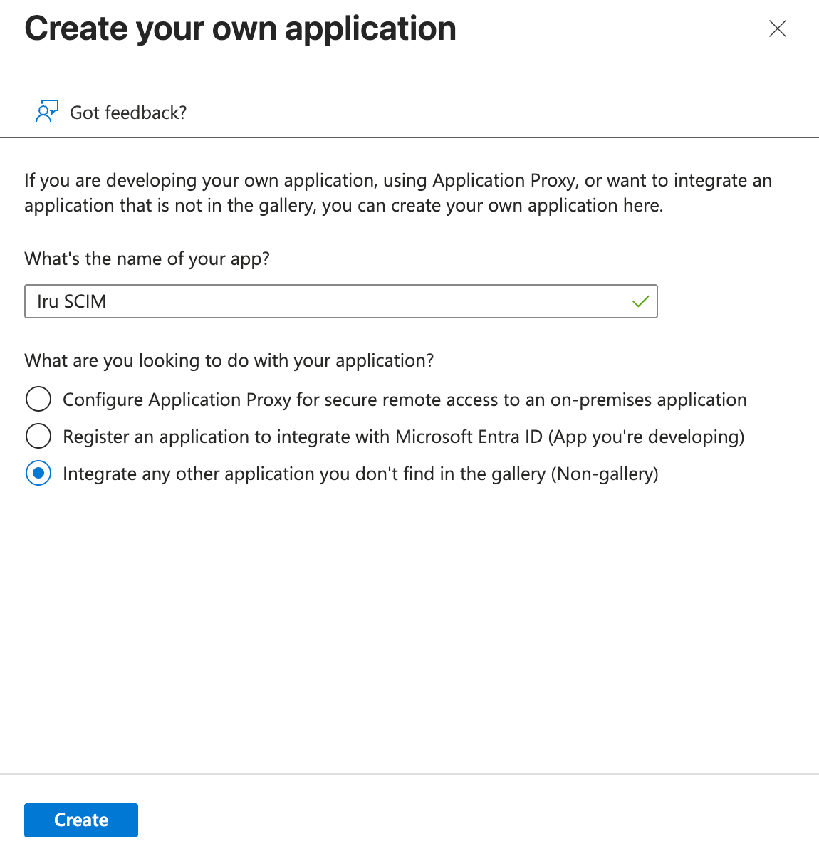 Microsoft Entra ID Create your own application dialog with app name and Non-gallery option