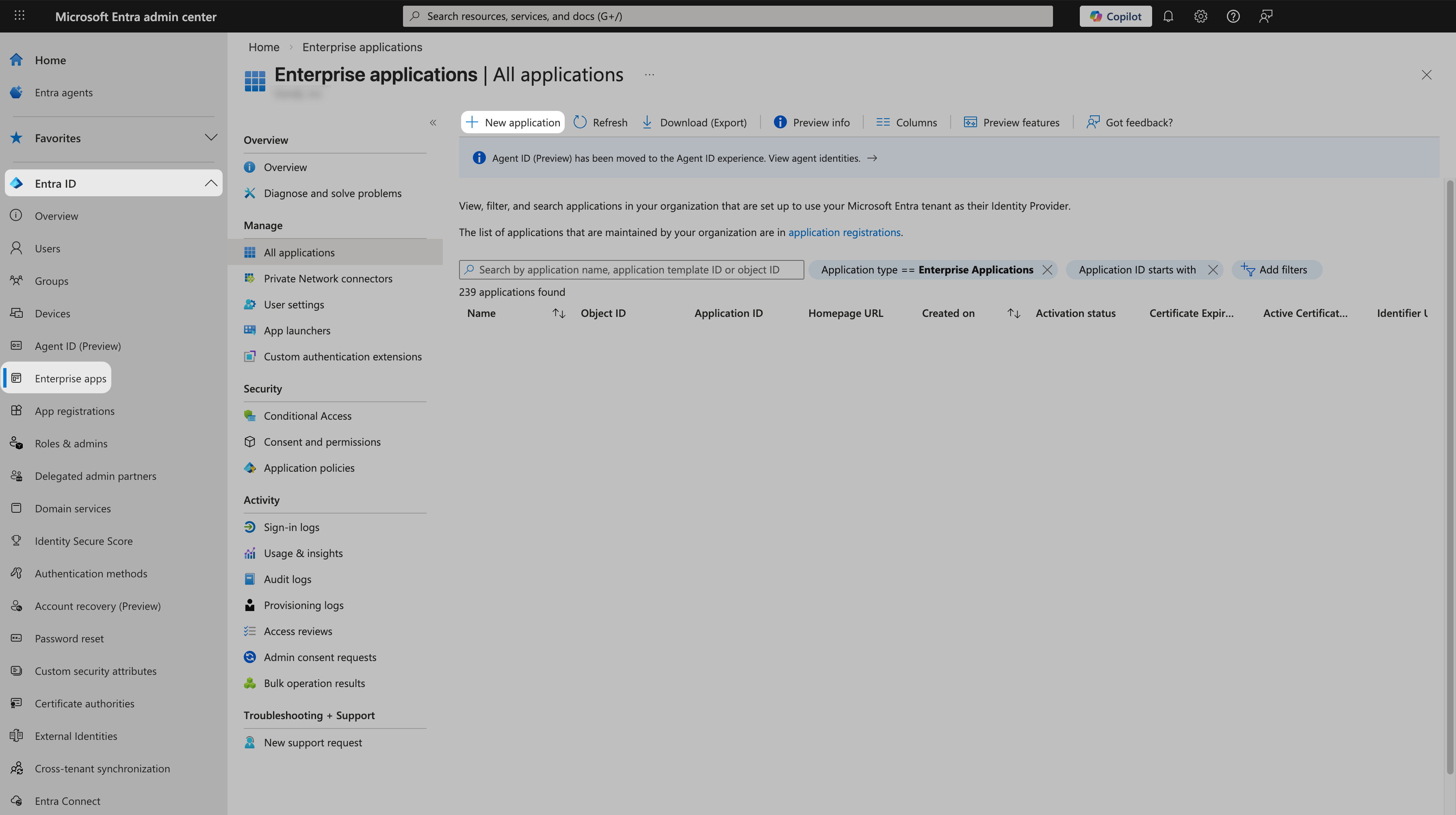 Microsoft Entra ID Enterprise applications All applications with New application button