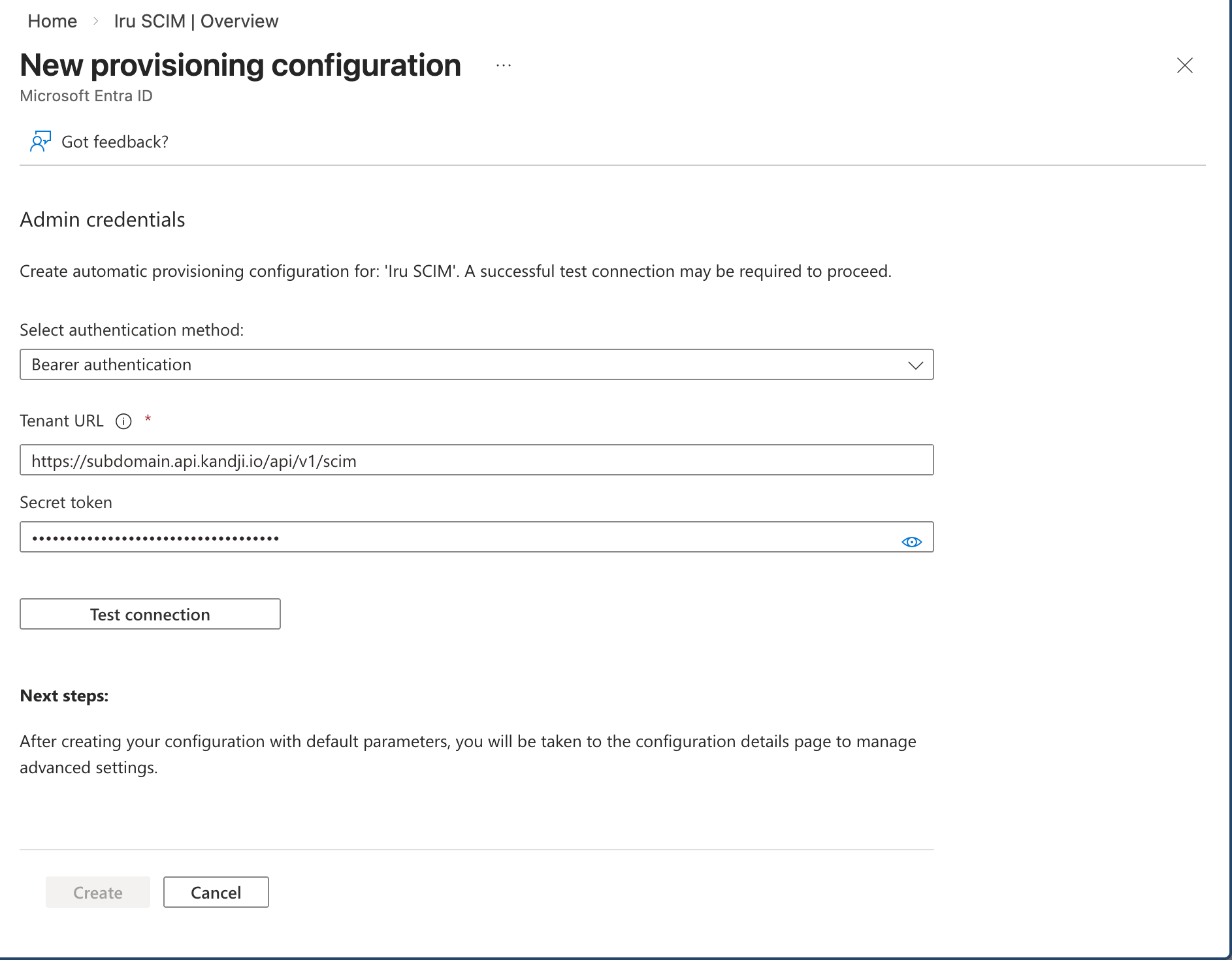 Microsoft Entra ID New provisioning configuration with Bearer authentication, Tenant URL, and Secret token