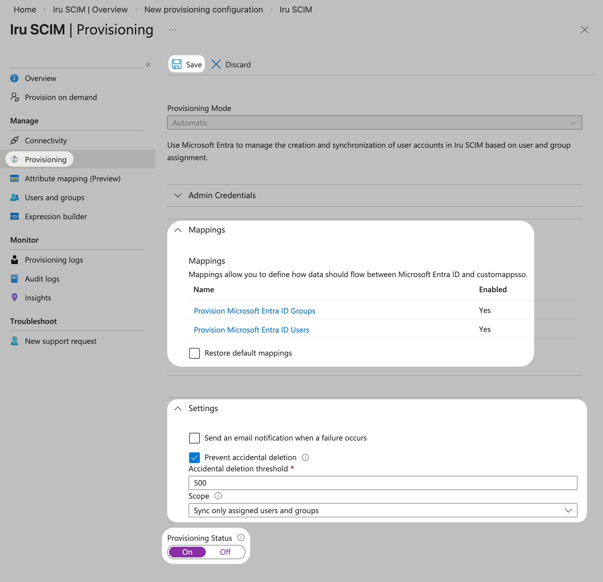 Microsoft Entra ID Provisioning Mappings and Settings with Scope and Provisioning Status