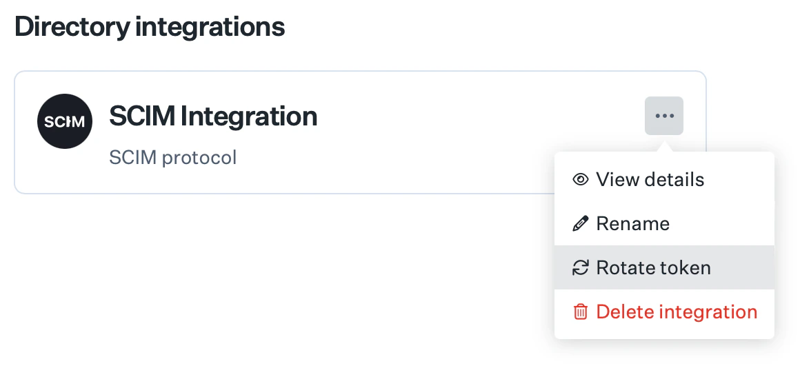 SCIM integration ellipsis menu with Rotate token option