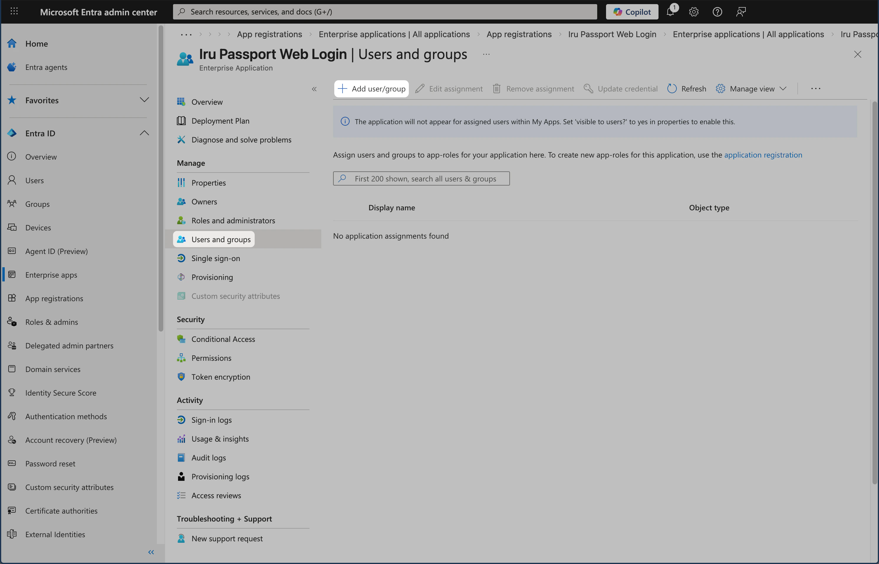 Microsoft Entra ID Users and groups pane under Manage for Passport