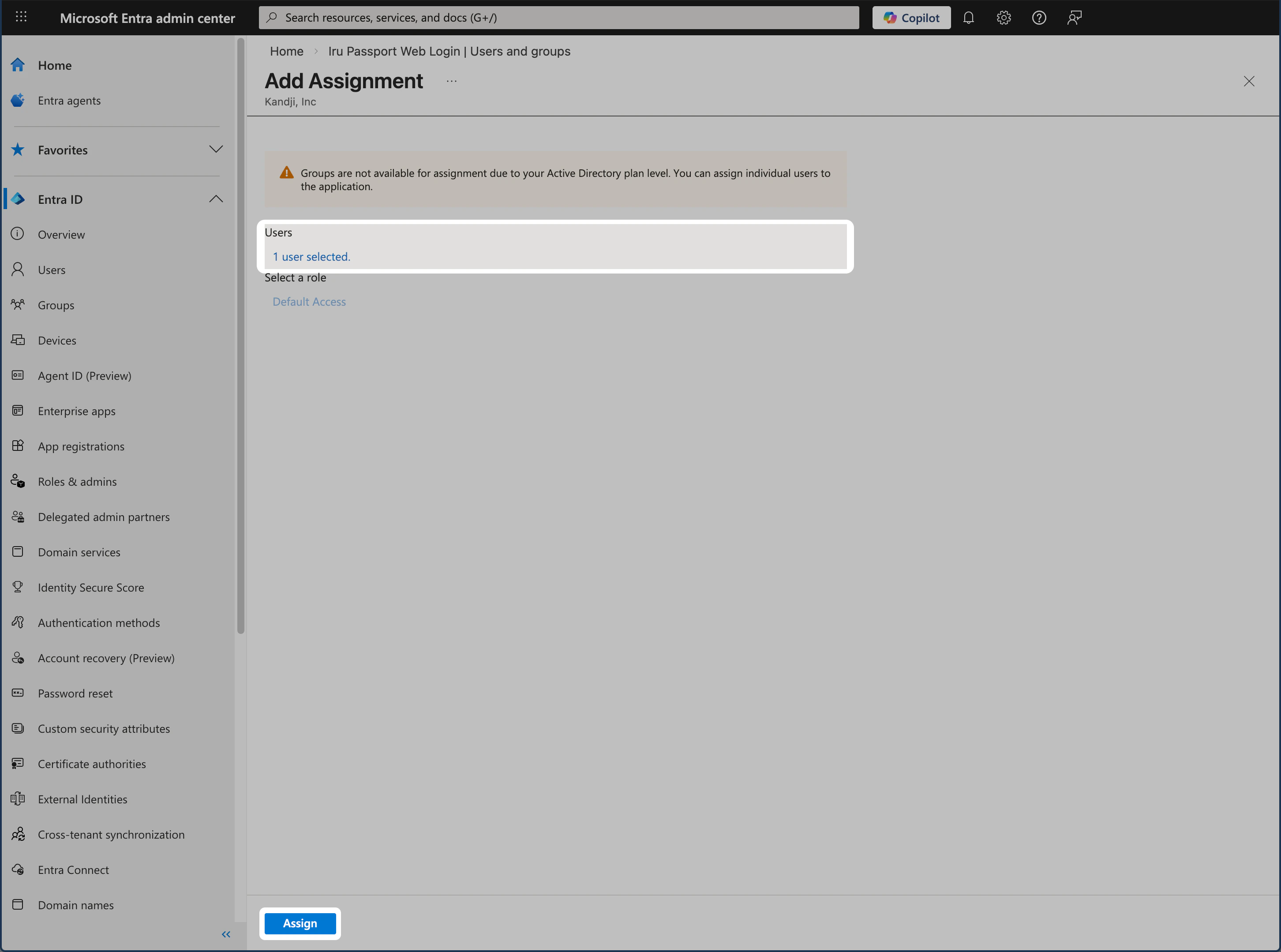 Microsoft Entra ID Assign users or groups for Passport