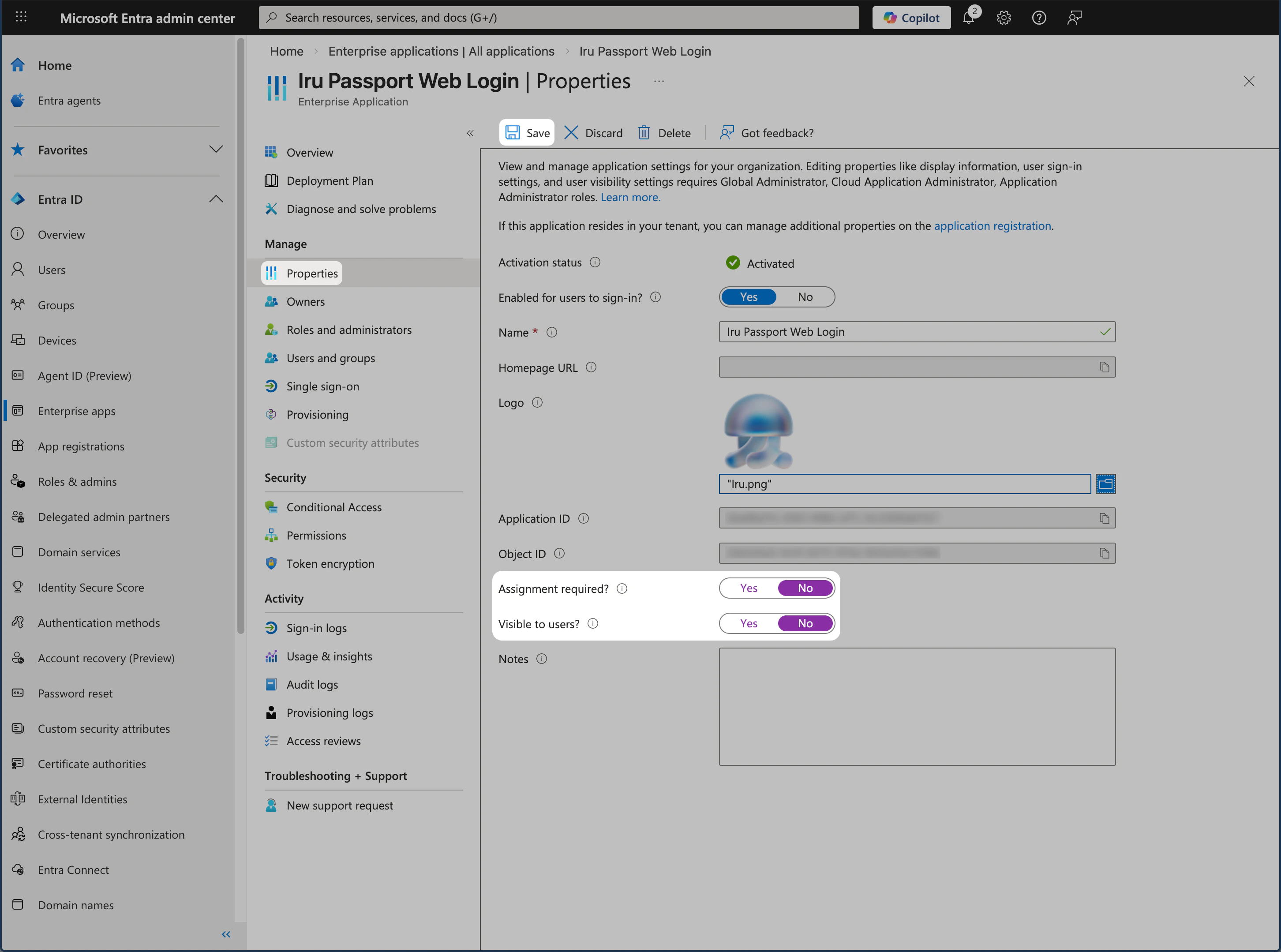 Microsoft Entra ID Properties pane showing Assignment required and Visible to users for Passport