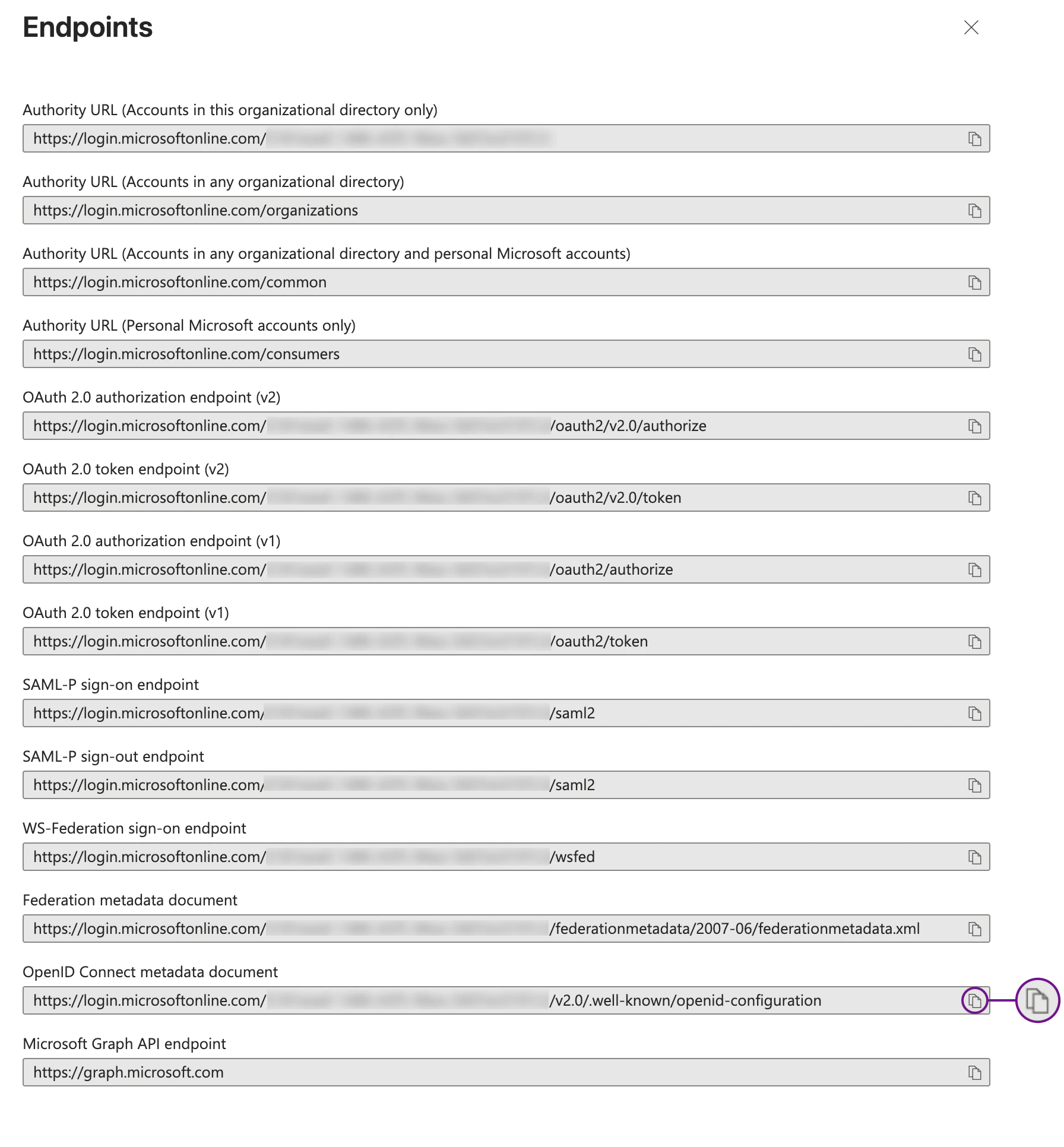 Microsoft Entra ID Endpoints pane showing copy option and close button for Passport