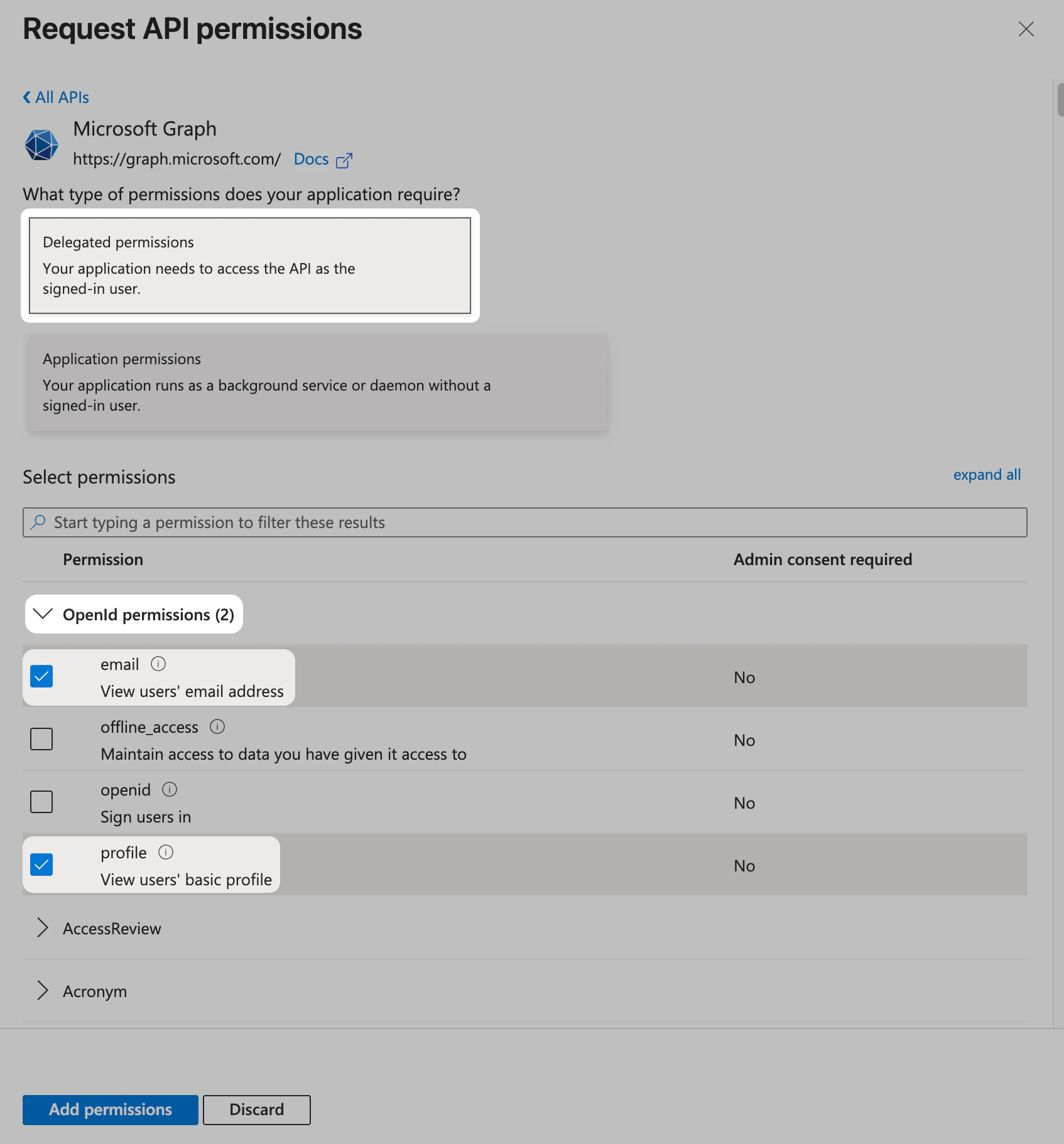 Microsoft Entra ID Request API permissions showing Delegated permissions for Passport