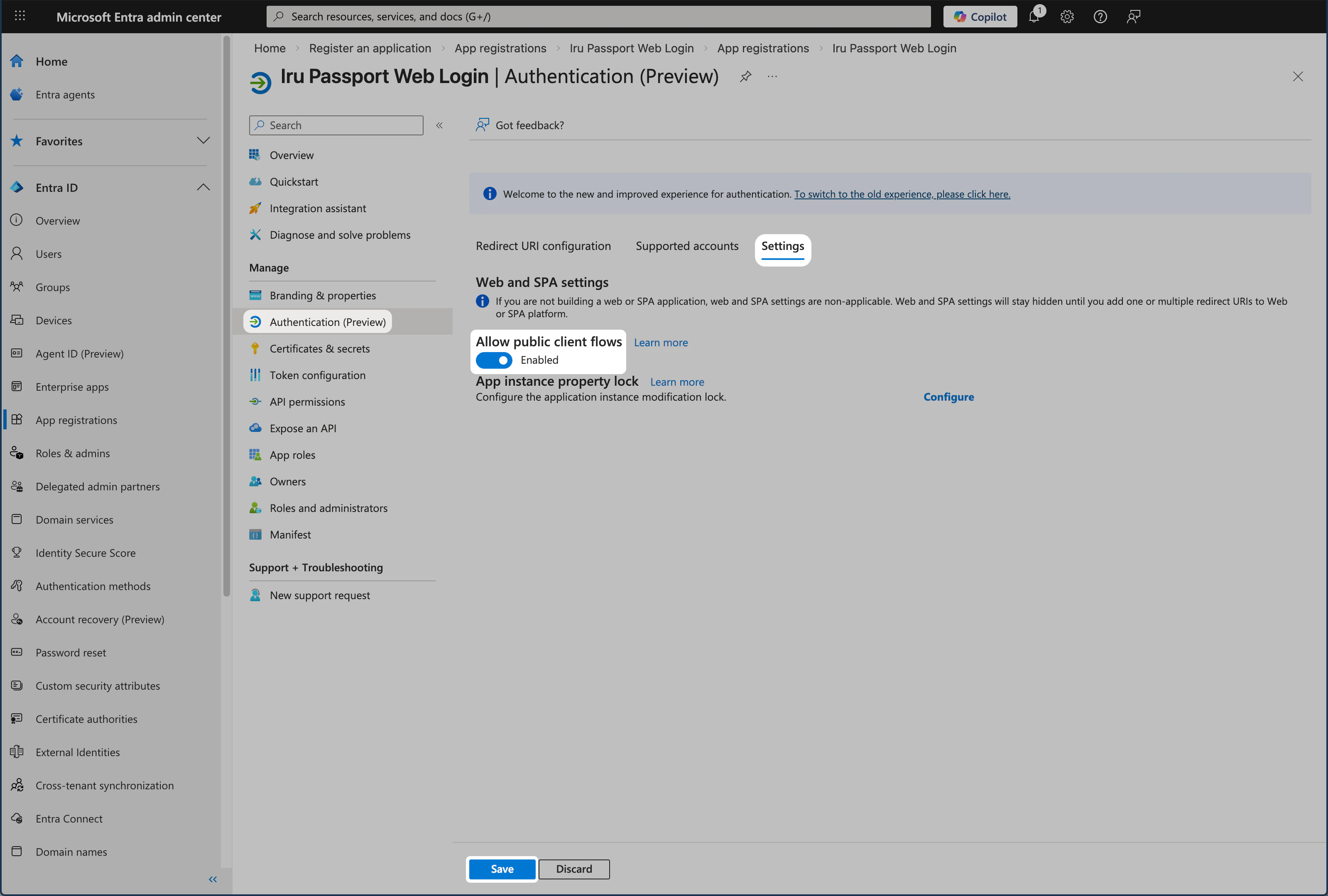 Microsoft Entra ID Authentication settings showing Allow public client flows enabled for Passport