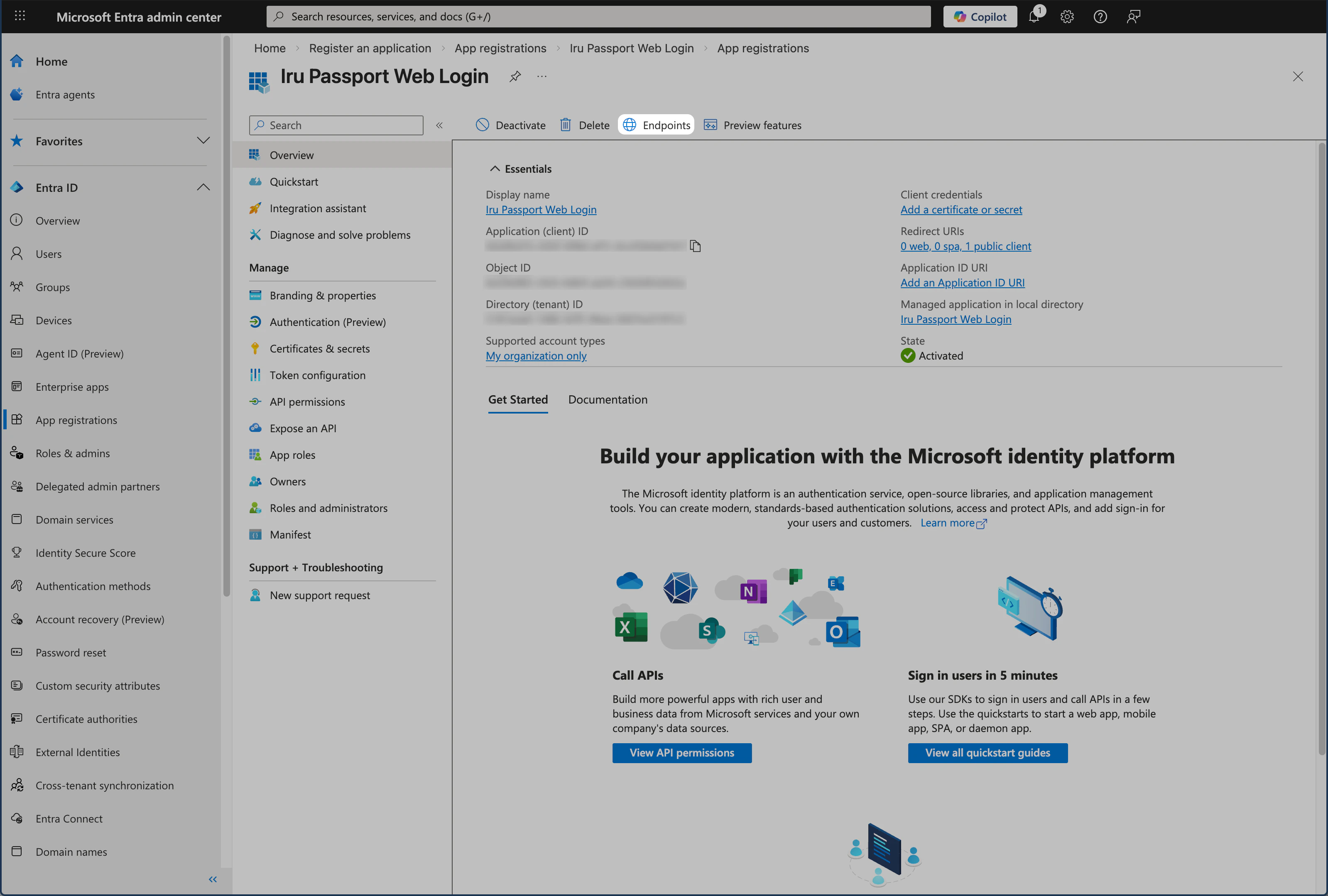 Microsoft Entra ID App registration with Endpoints pane for Passport