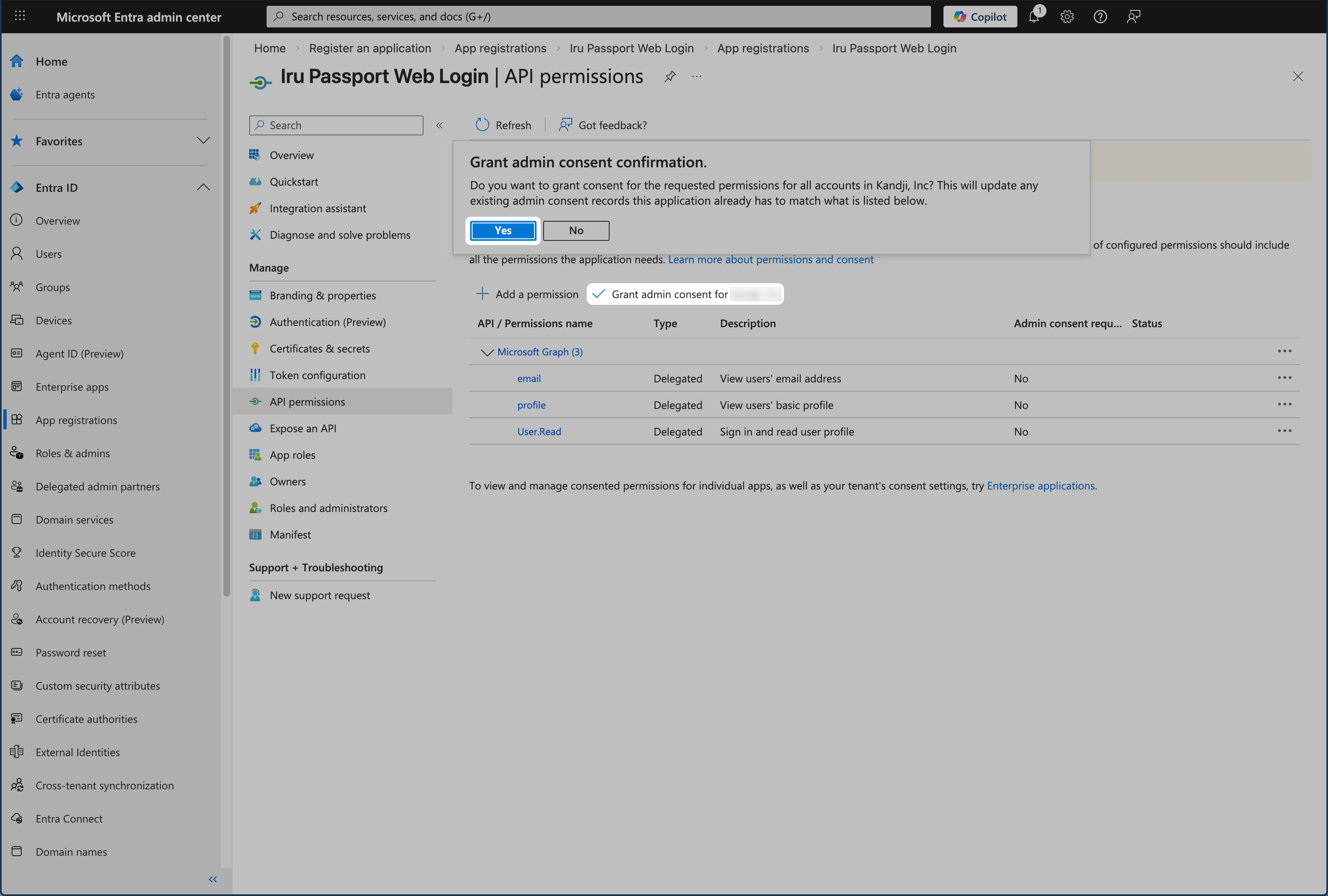Microsoft Entra ID API permissions Add permissions for Passport