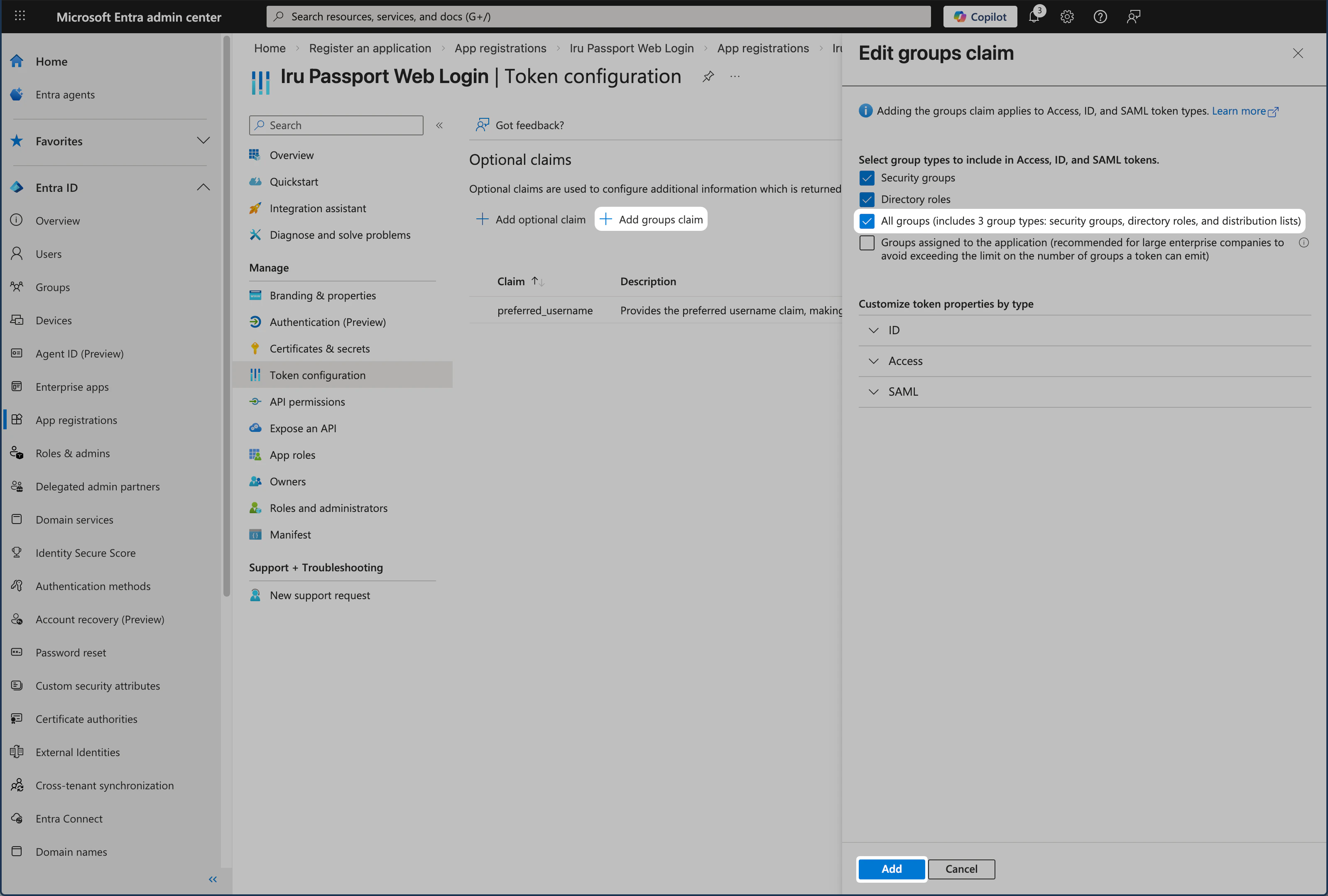 Microsoft Entra ID Token configuration Add groups claim for Passport