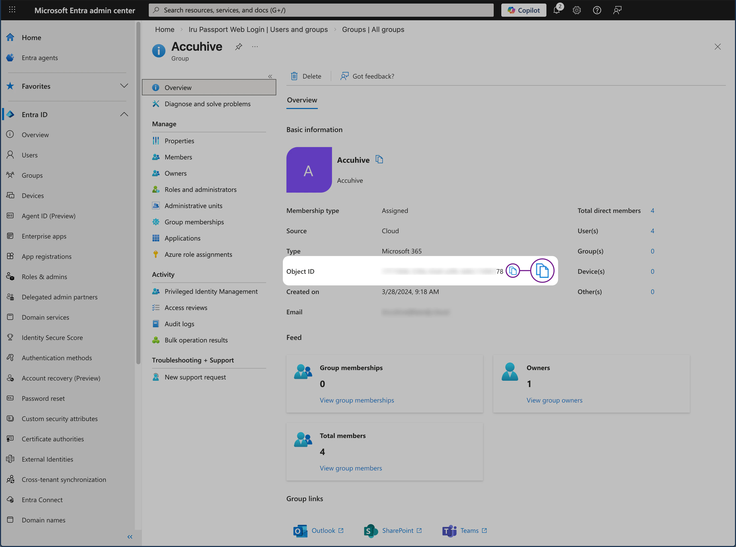 Microsoft Entra ID Groups list showing Object ID for Passport