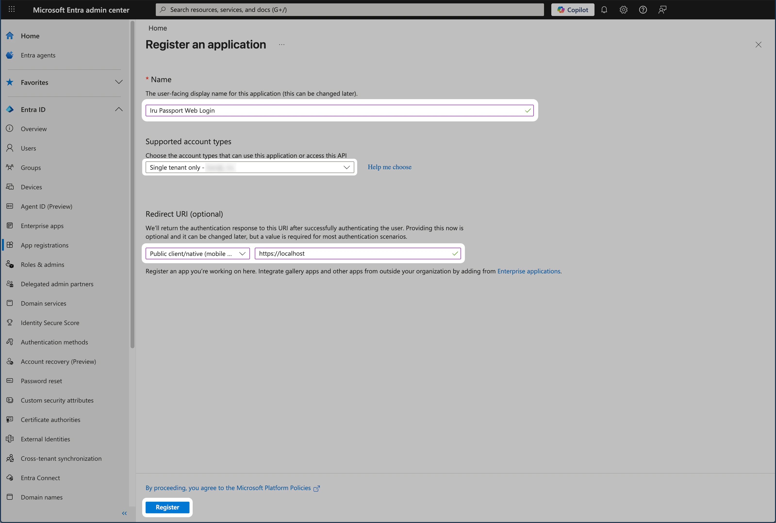 Microsoft Entra ID New registration form showing name, supported account types, and redirect URI for Passport