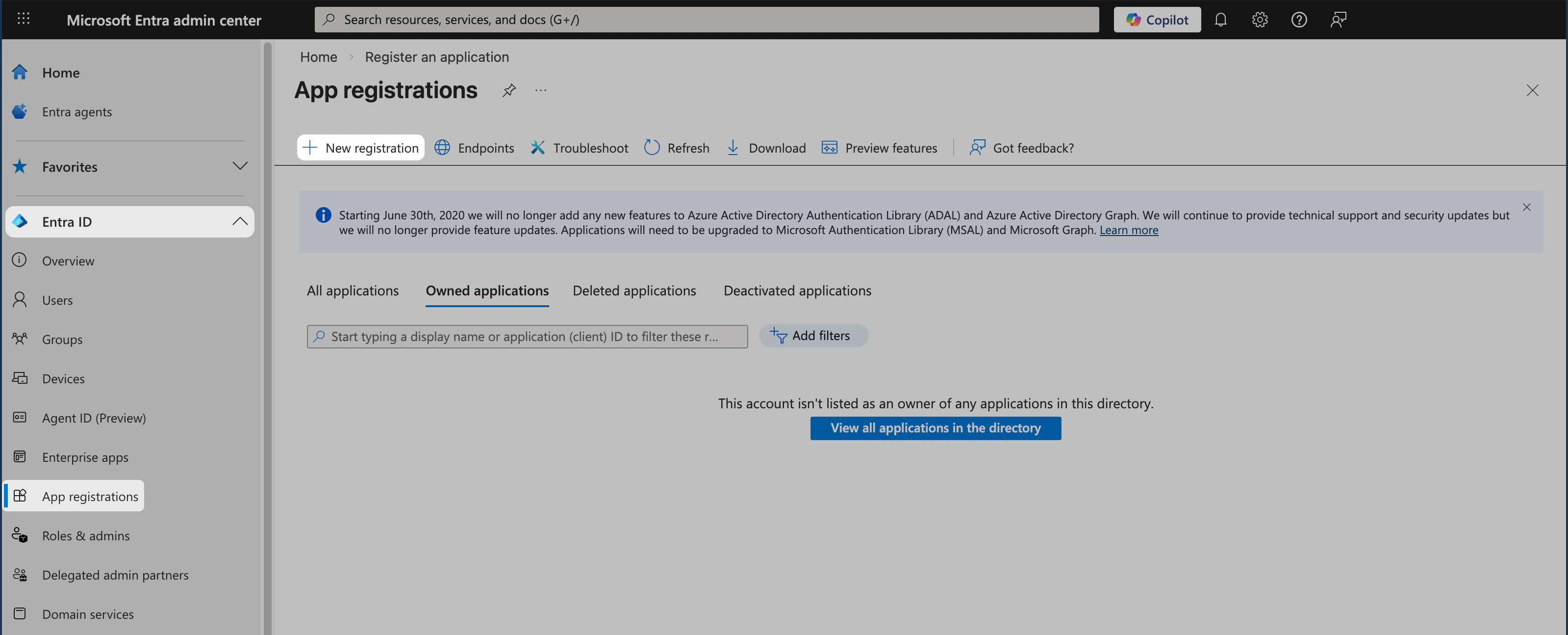 Microsoft Entra ID App registrations with New registration for Passport