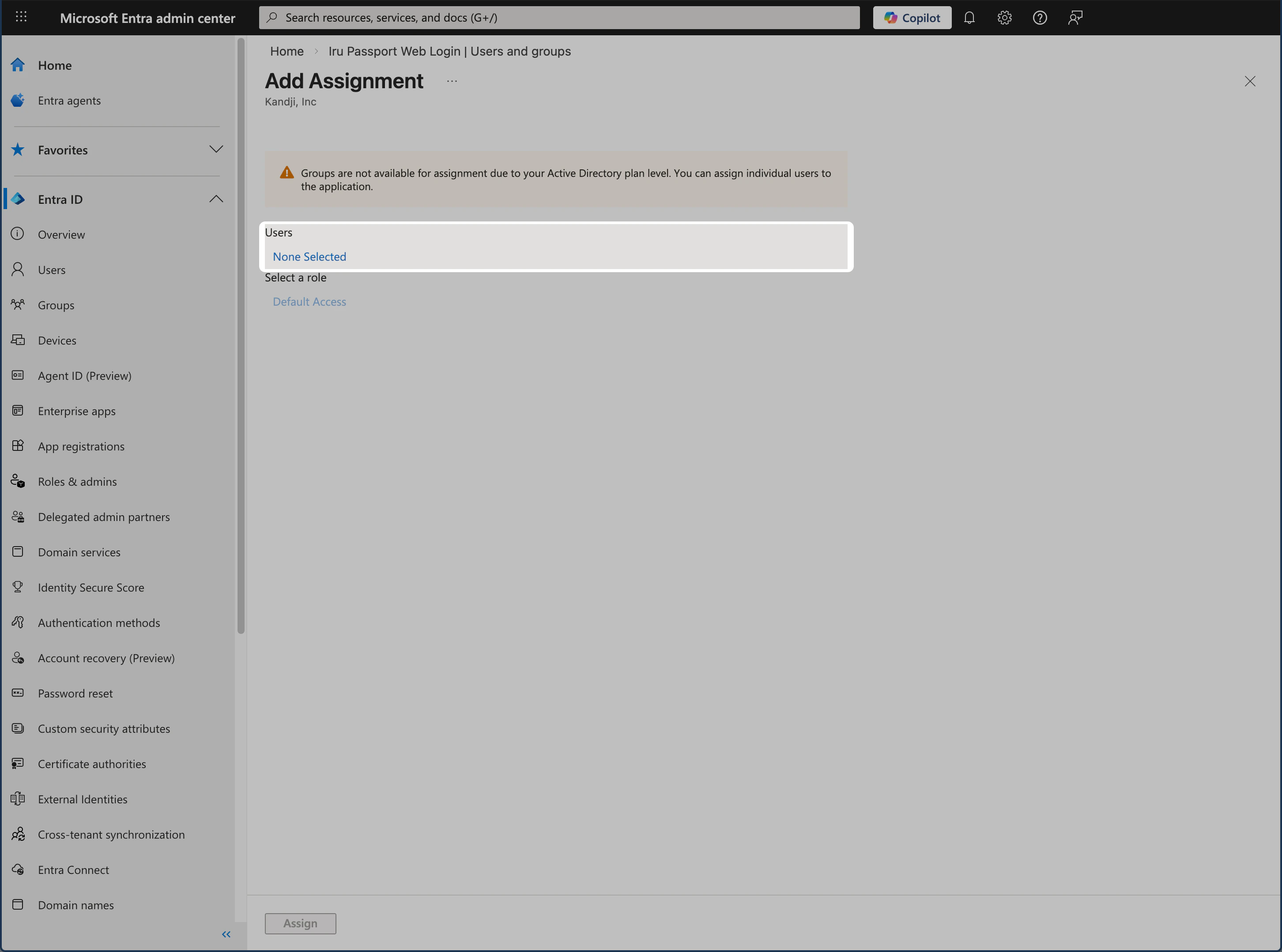Microsoft Entra ID Add Assignment page showing Users and groups with None selected link for Passport