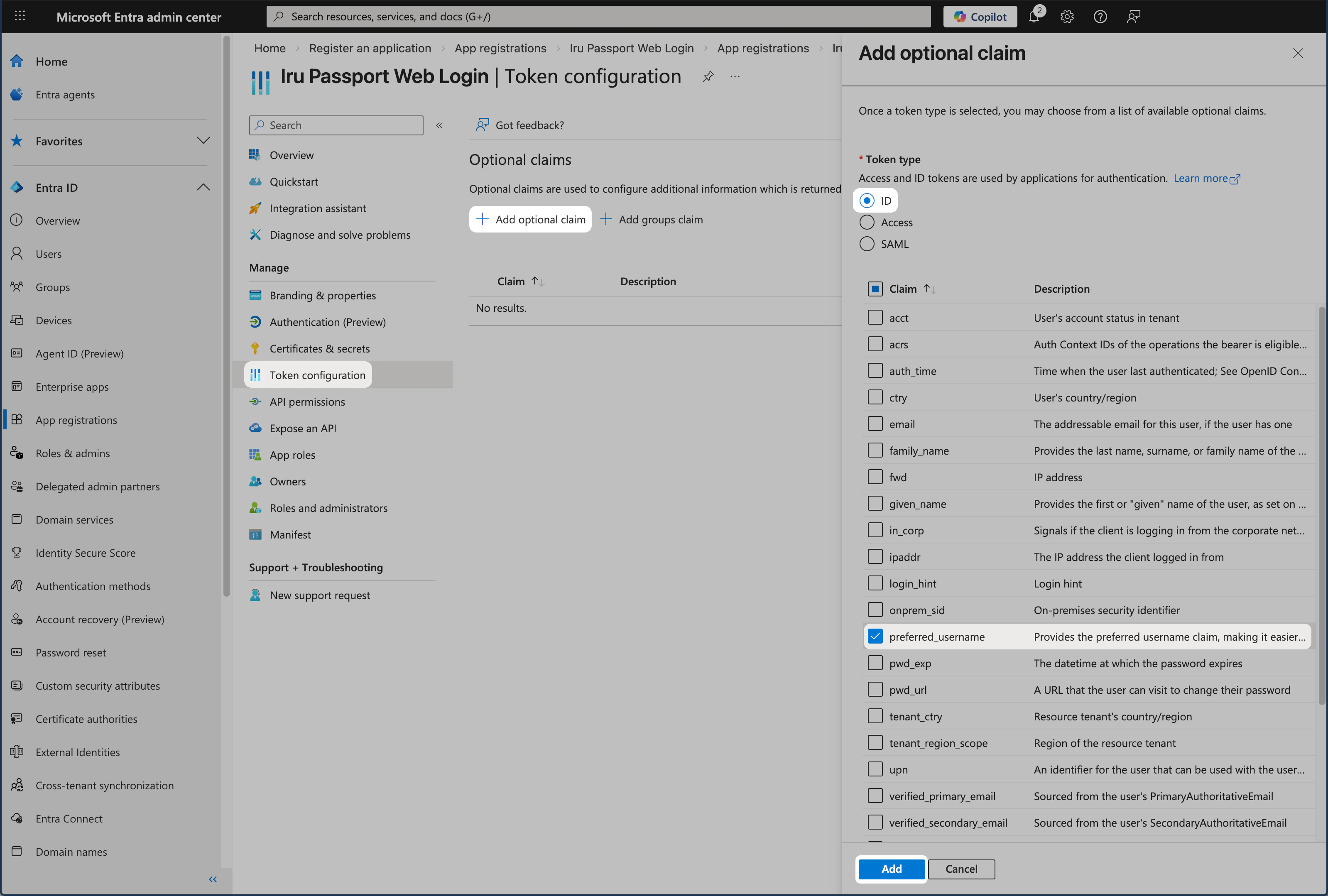 Microsoft Entra ID Token configuration showing preferred_username optional claim and Add button for Passport
