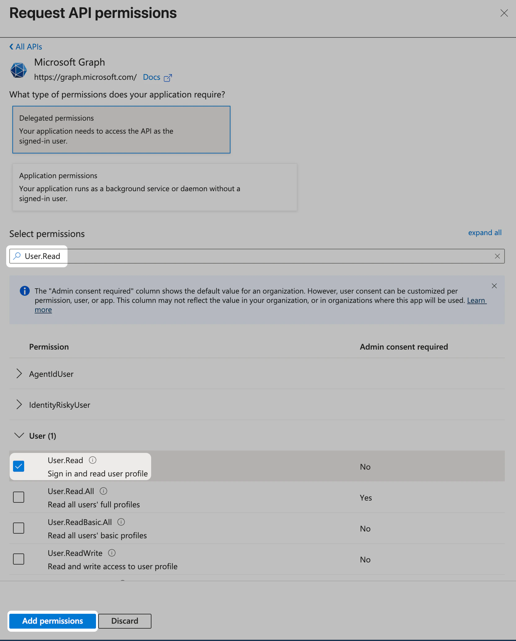 Microsoft Entra ID API permissions showing User.Read for Passport