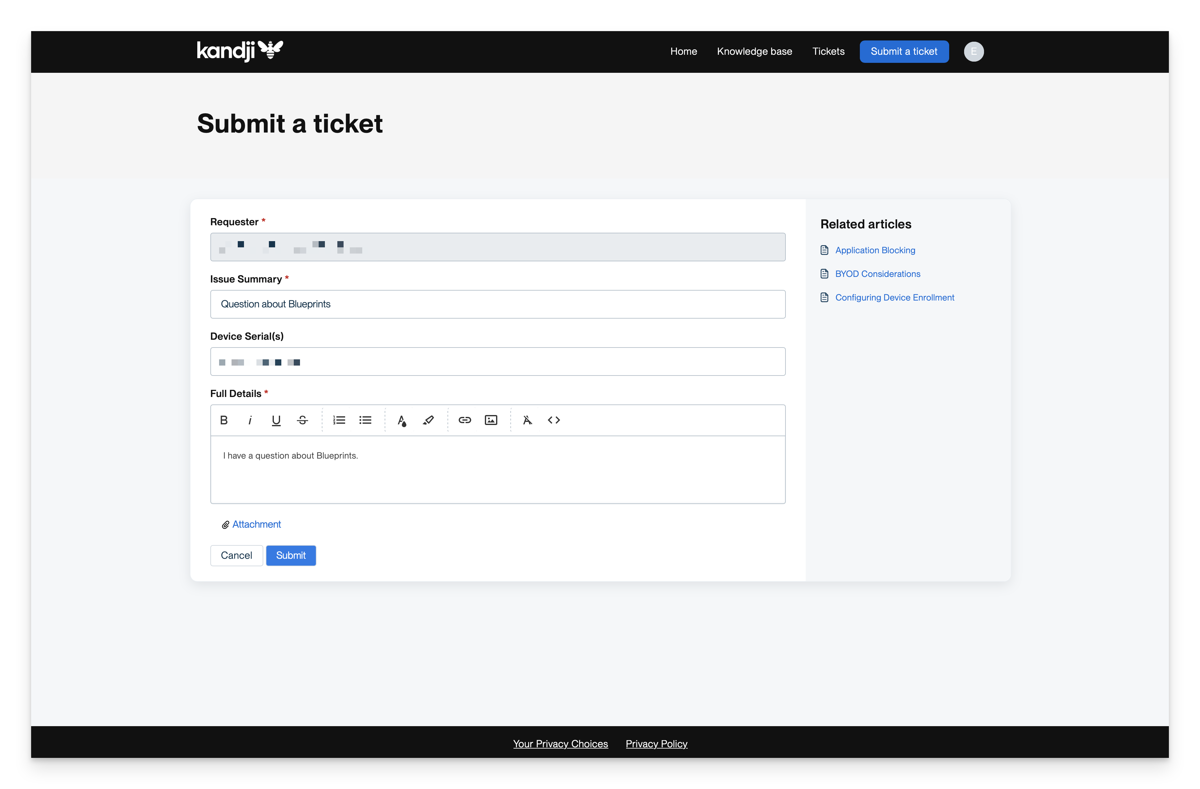 Support Customer Portal submit ticket form showing fields for creating a new support ticket with file attachment and device serial number options