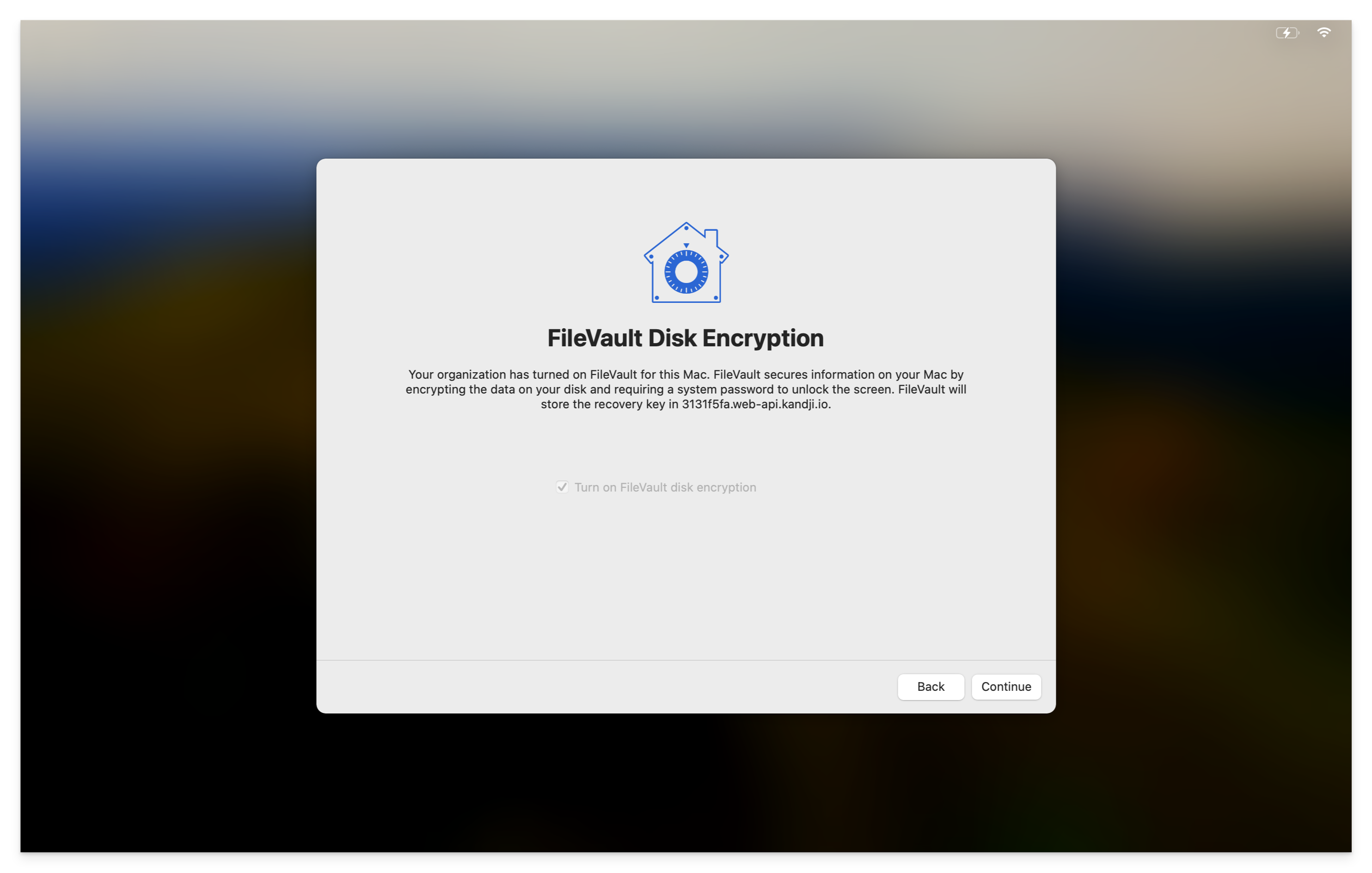 FileVault configuration options showing enforcement settings