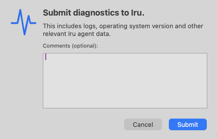 Iru Endpoint menu bar flow: Submit Diagnostics and submitting diagnostic data