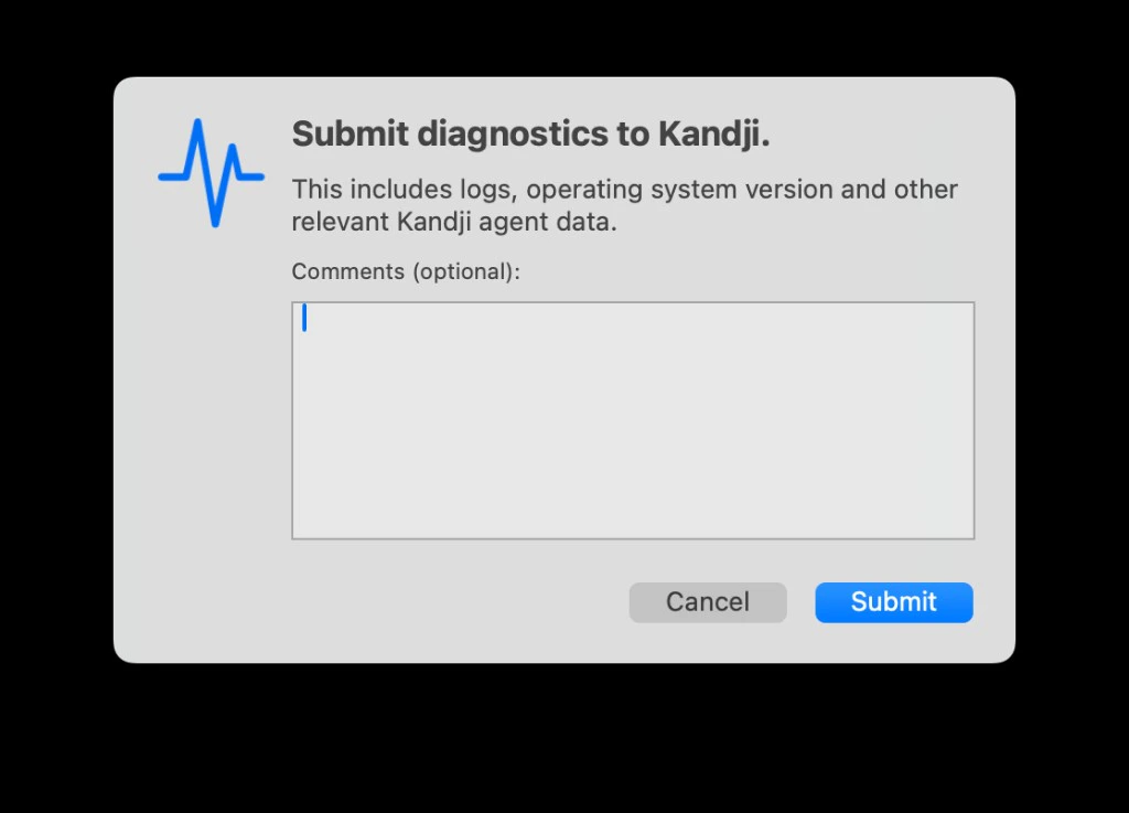 Submit diagnostics dialog with optional comments field and Cancel and Submit buttons for sending diagnostic data to Iru Endpoint