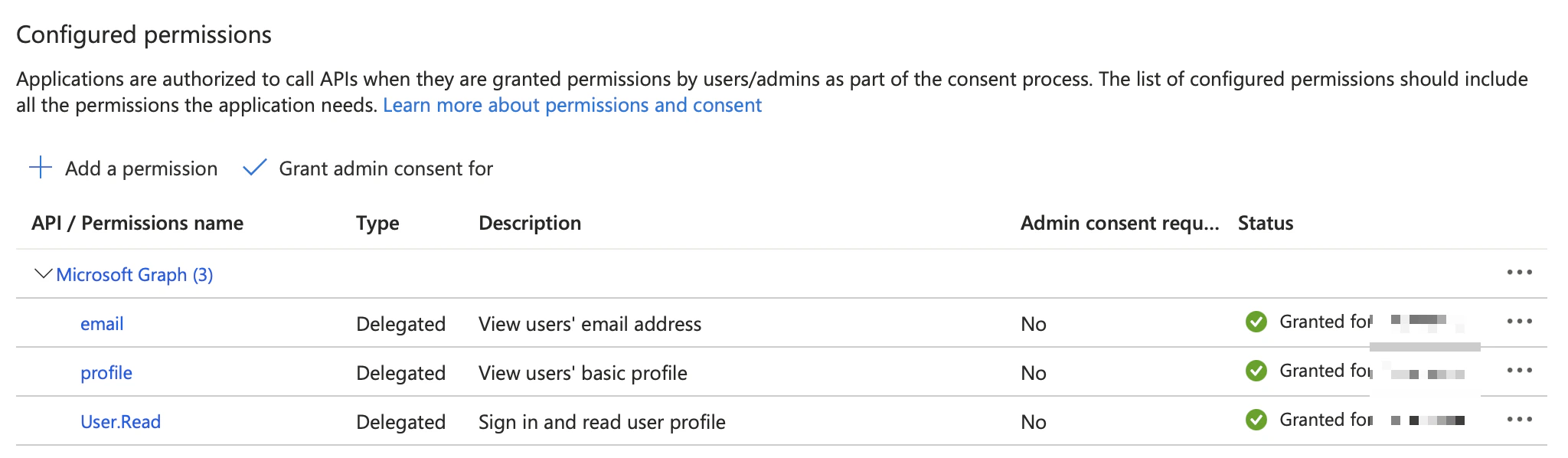 Microsoft Entra ID API permissions showing Granted for tenant status