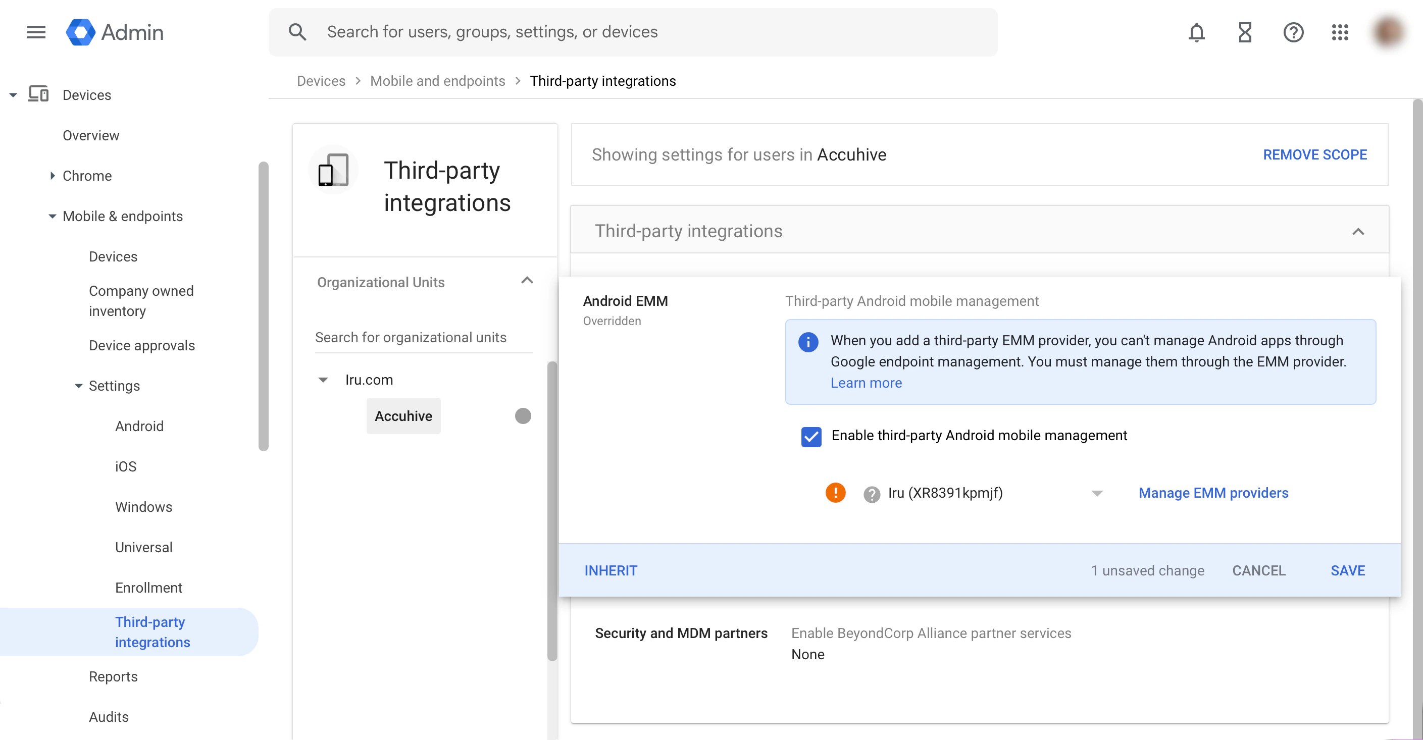 Selecting the EMM in Google Workspace that matches the Enterprise ID in Iru