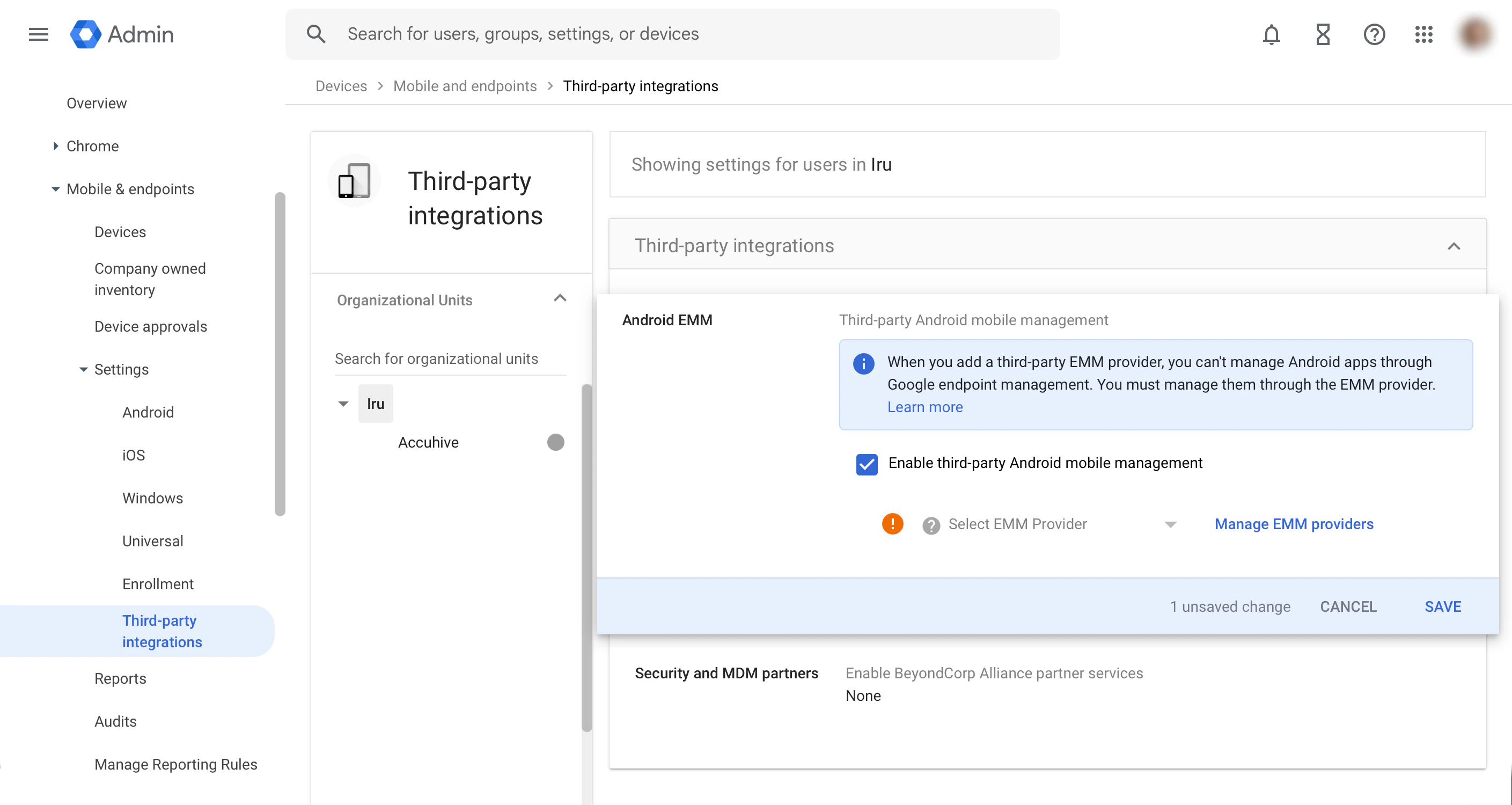 Third-party integrations in Google Workspace showing Android EMM and Enable third-party Android mobile management