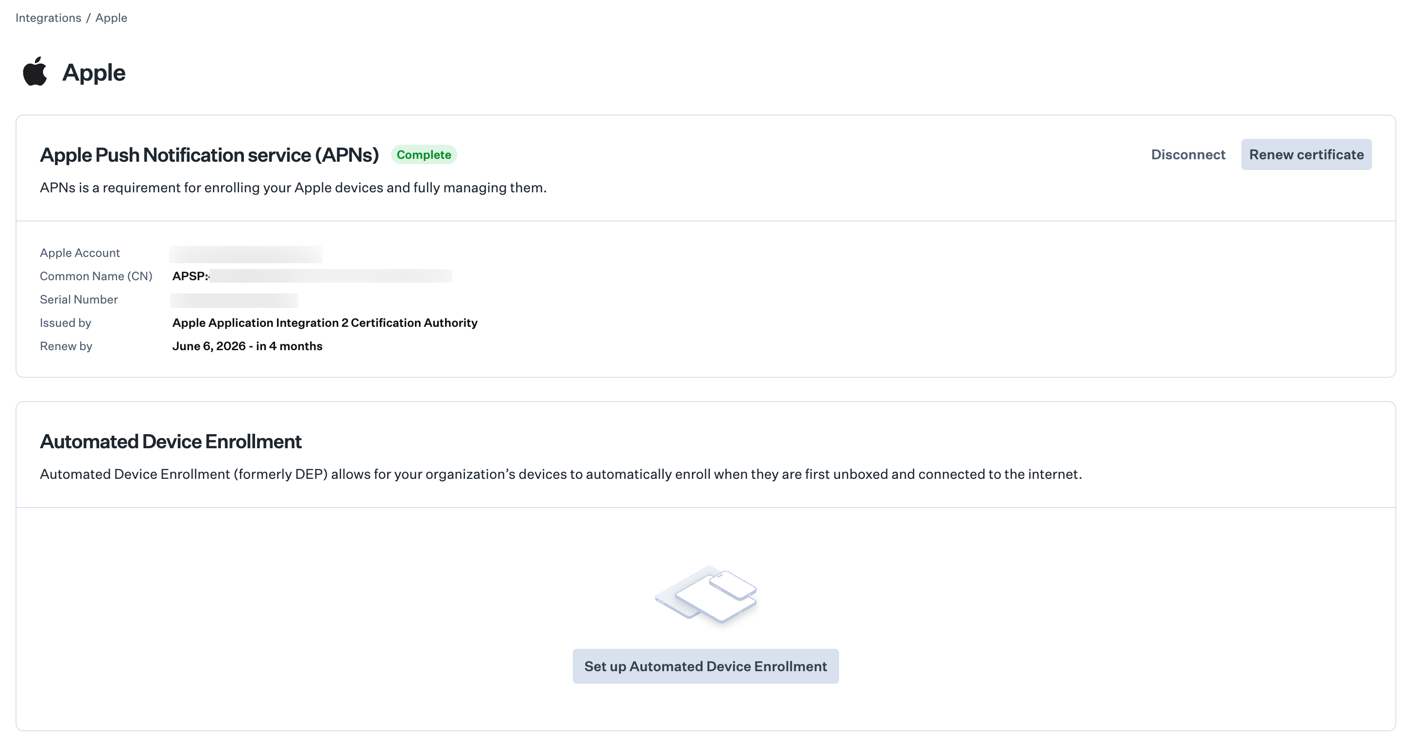 Screenshot of the Apple integrations section with Set up Automated Device Enrollment button