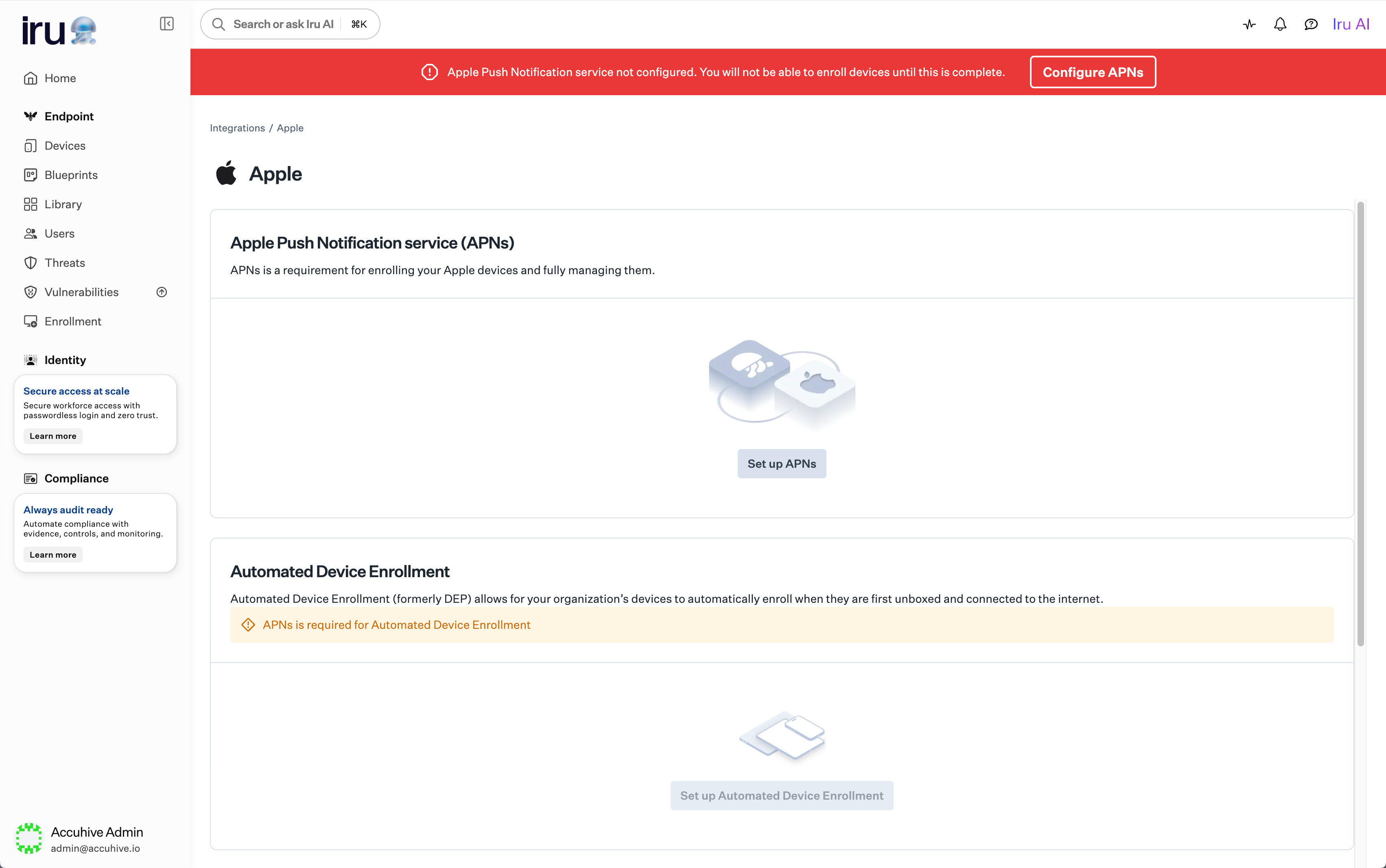 Screenshot of the Apple integrations section with Set up APNs button