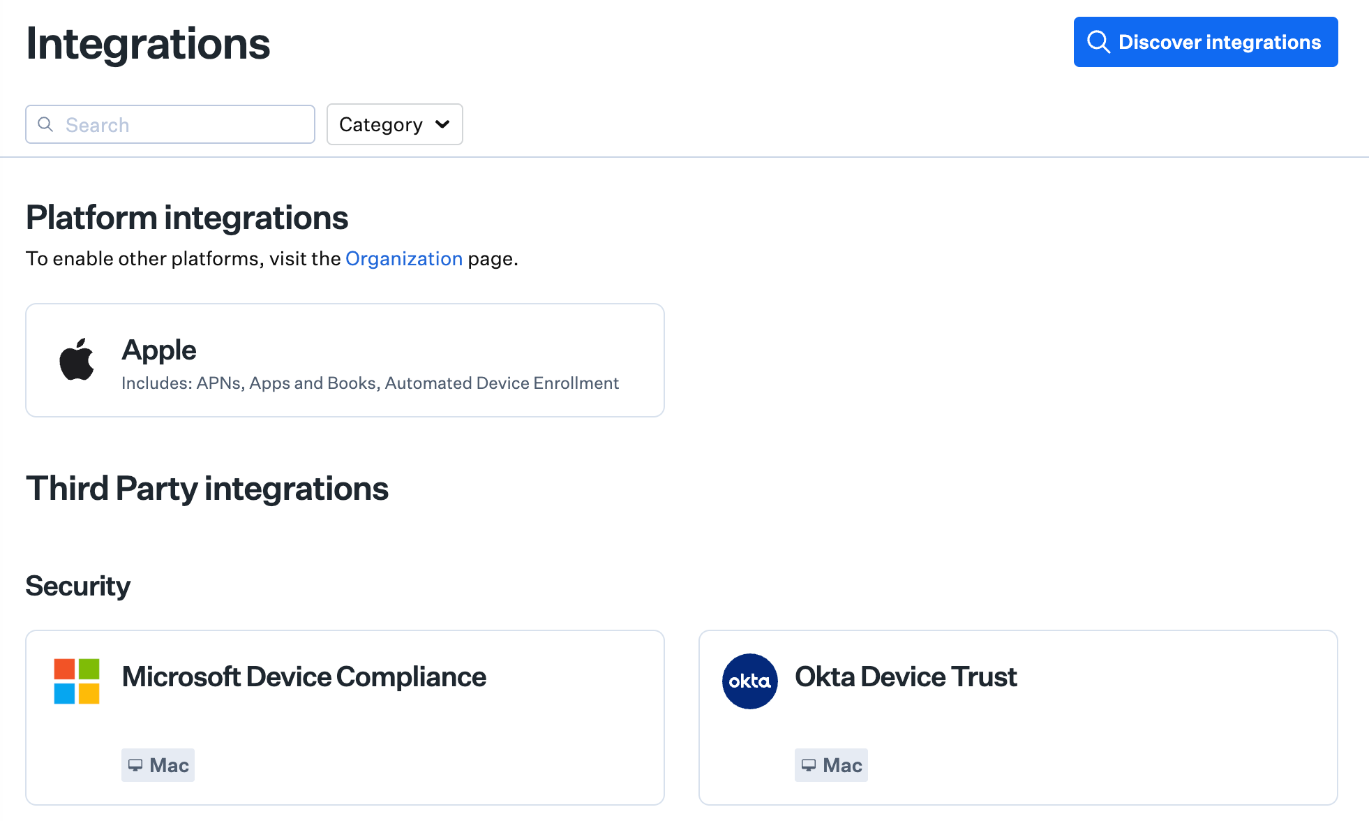 Screenshot of the Integrations page with Apple platform selected