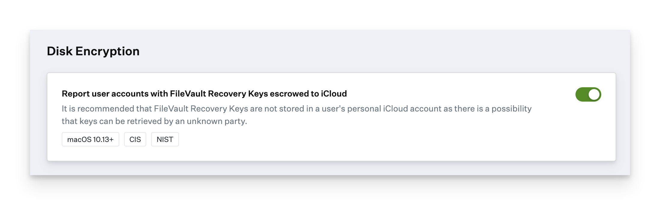 FileVault iCloud recovery key reporting parameter settings